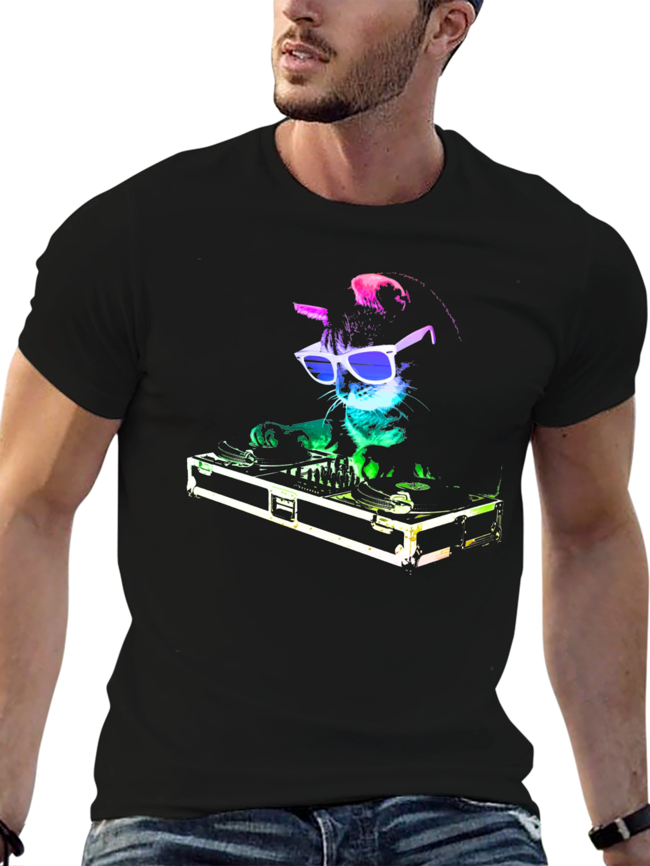 DJ Cat Graphic Tee - Cool Black T-Shirt