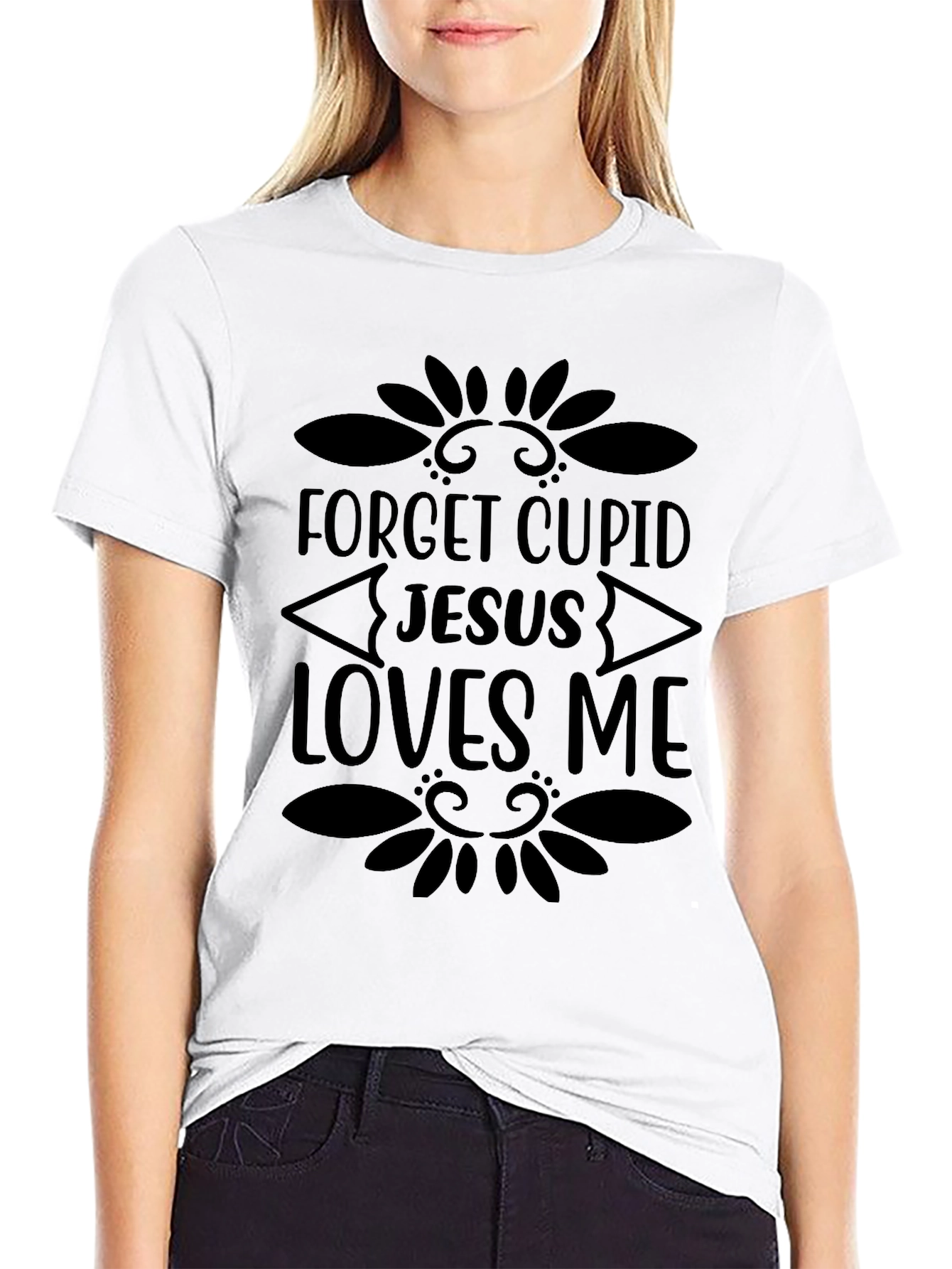 Forget Cupid Jesus Loves Me Black Graphic Tee