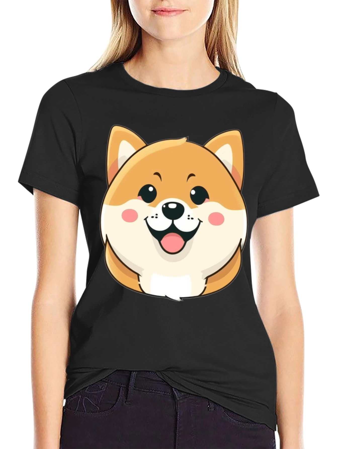 Cute Shiba Inu Graphic Tee - Black Cotton T-Shirt