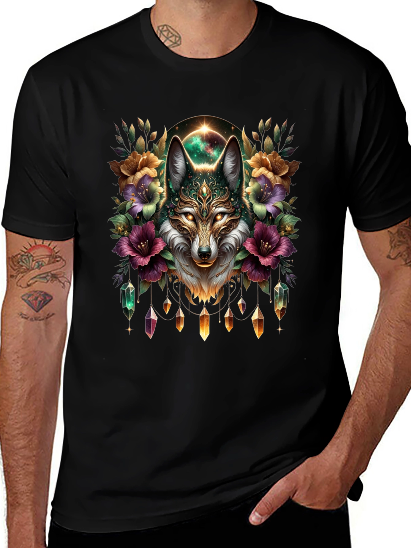 Mystic Wolf Graphic Tee - Floral Crystal Design