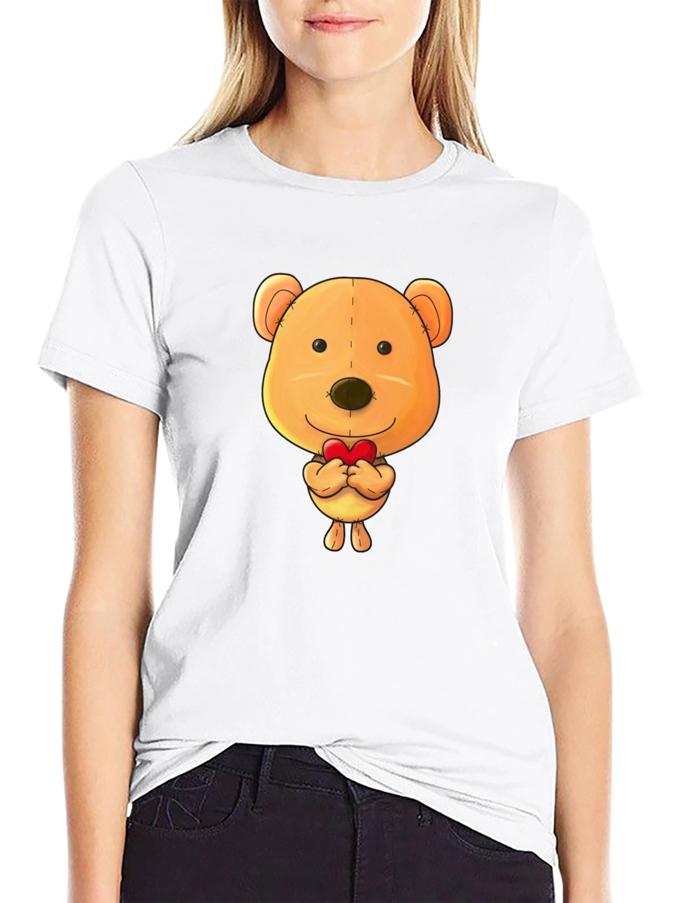 Cute Teddy Bear Heart Graphic Black T-Shirt