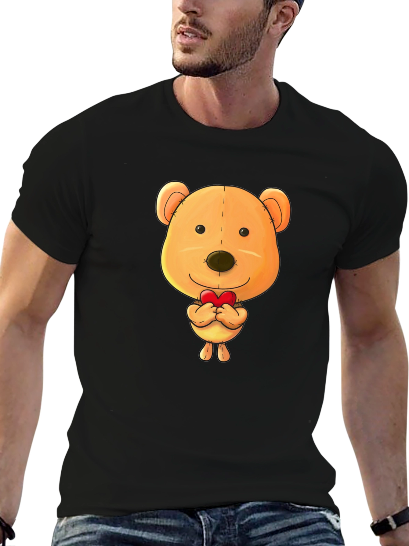 Cute Teddy Bear Heart Graphic Black T-Shirt