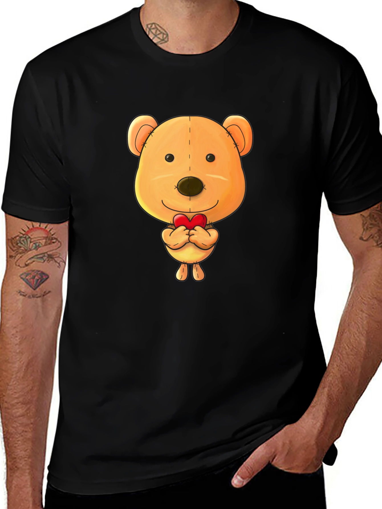 Cute Teddy Bear Heart Graphic Black T-Shirt