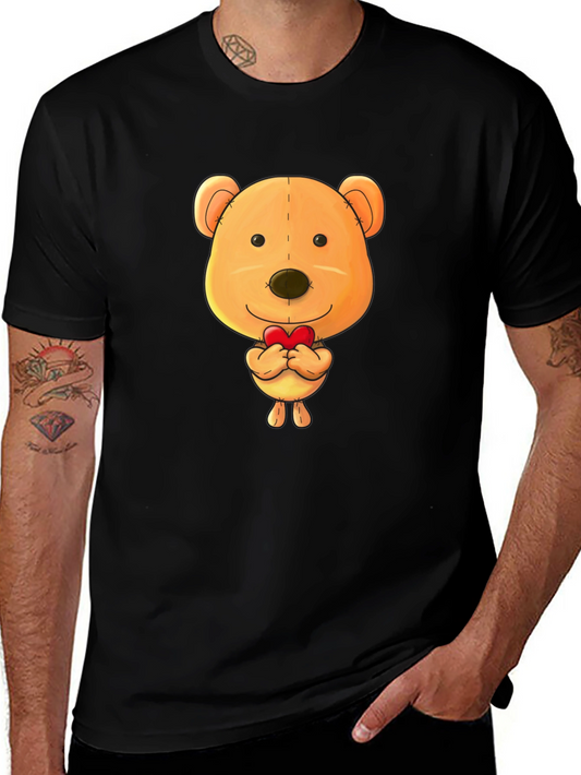 Cute Teddy Bear Heart Graphic Black T-Shirt