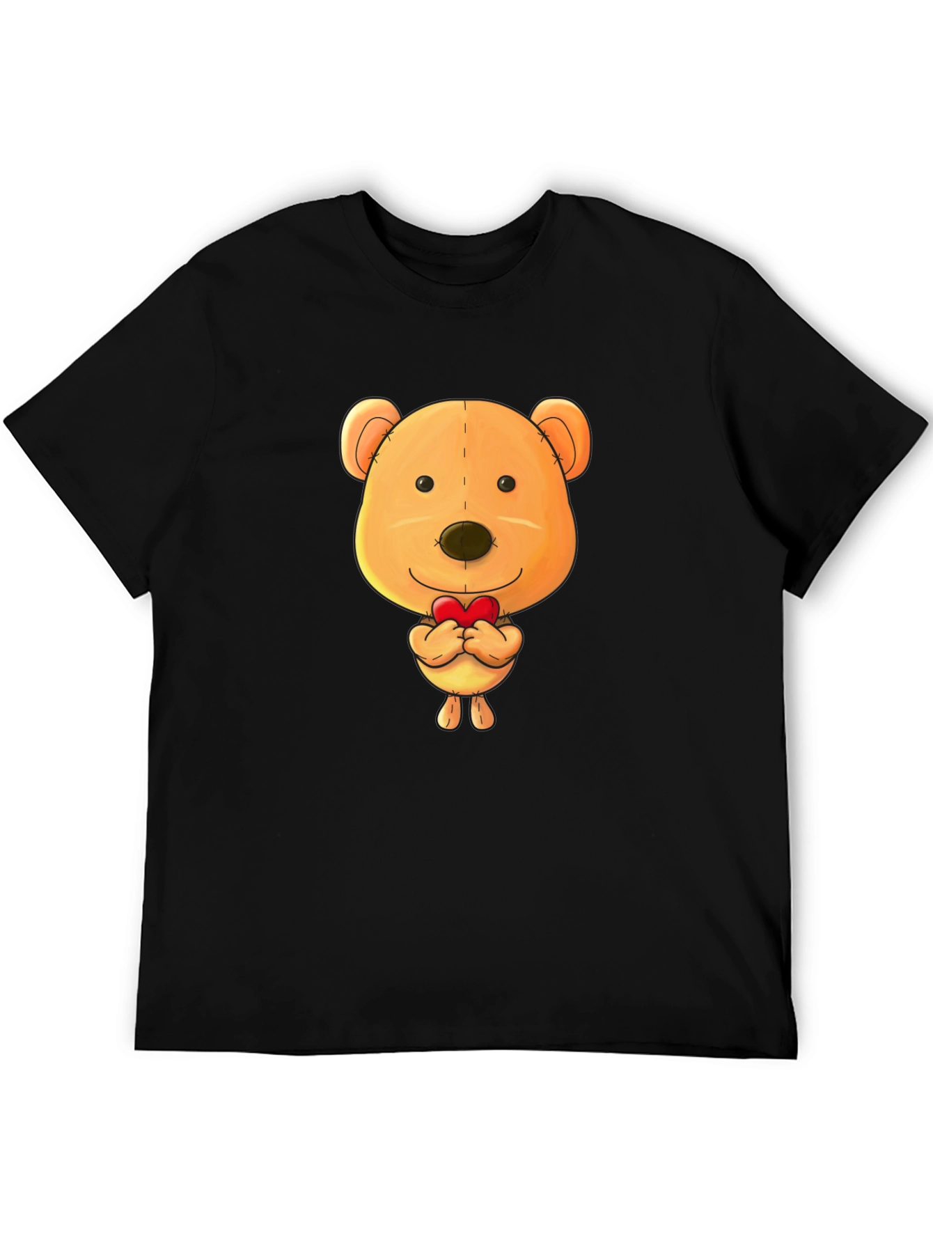 Cute Teddy Bear Heart Graphic Black T-Shirt
