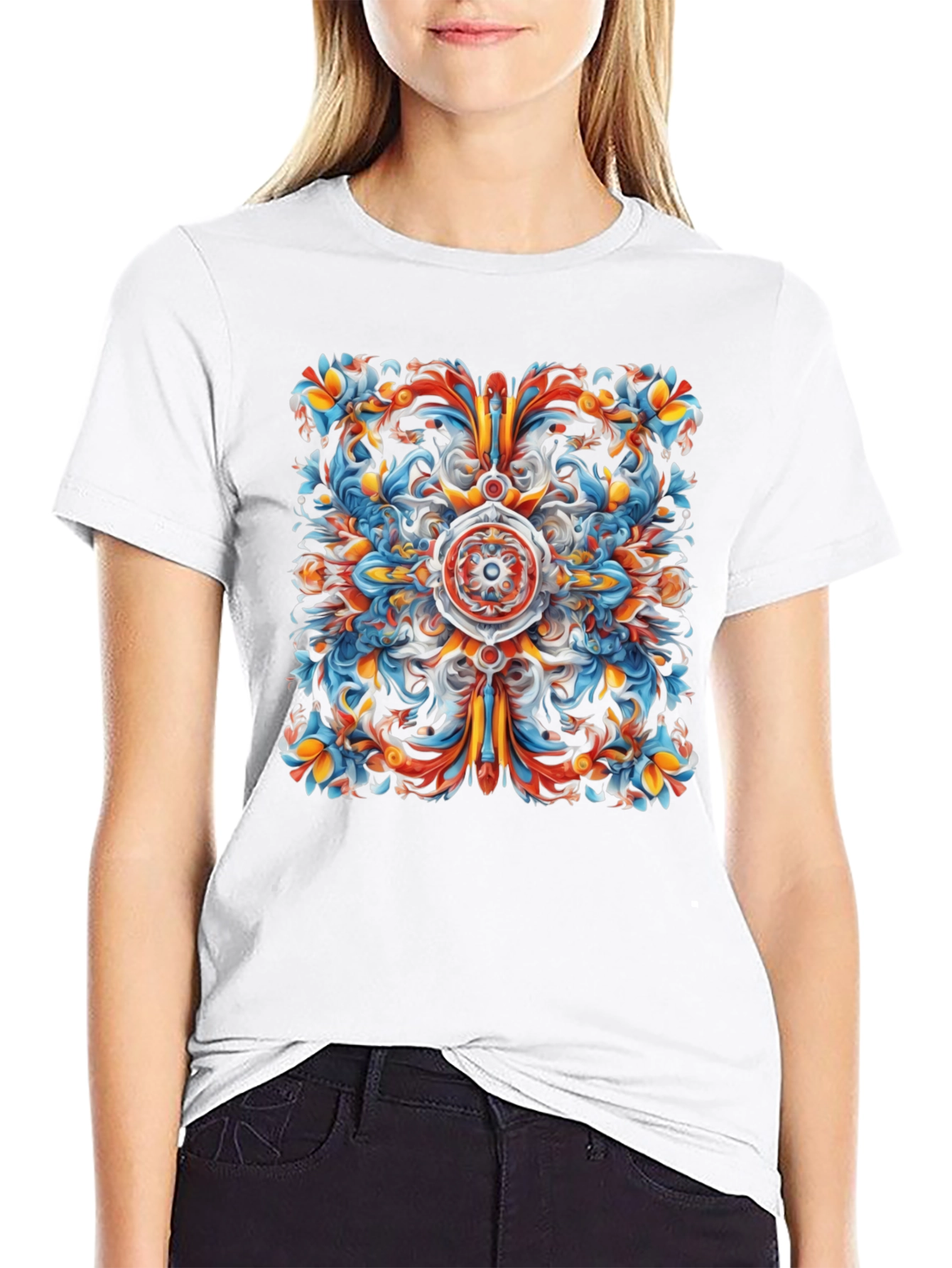 Vibrant Floral Mandala Graphic Print Black T-Shirt