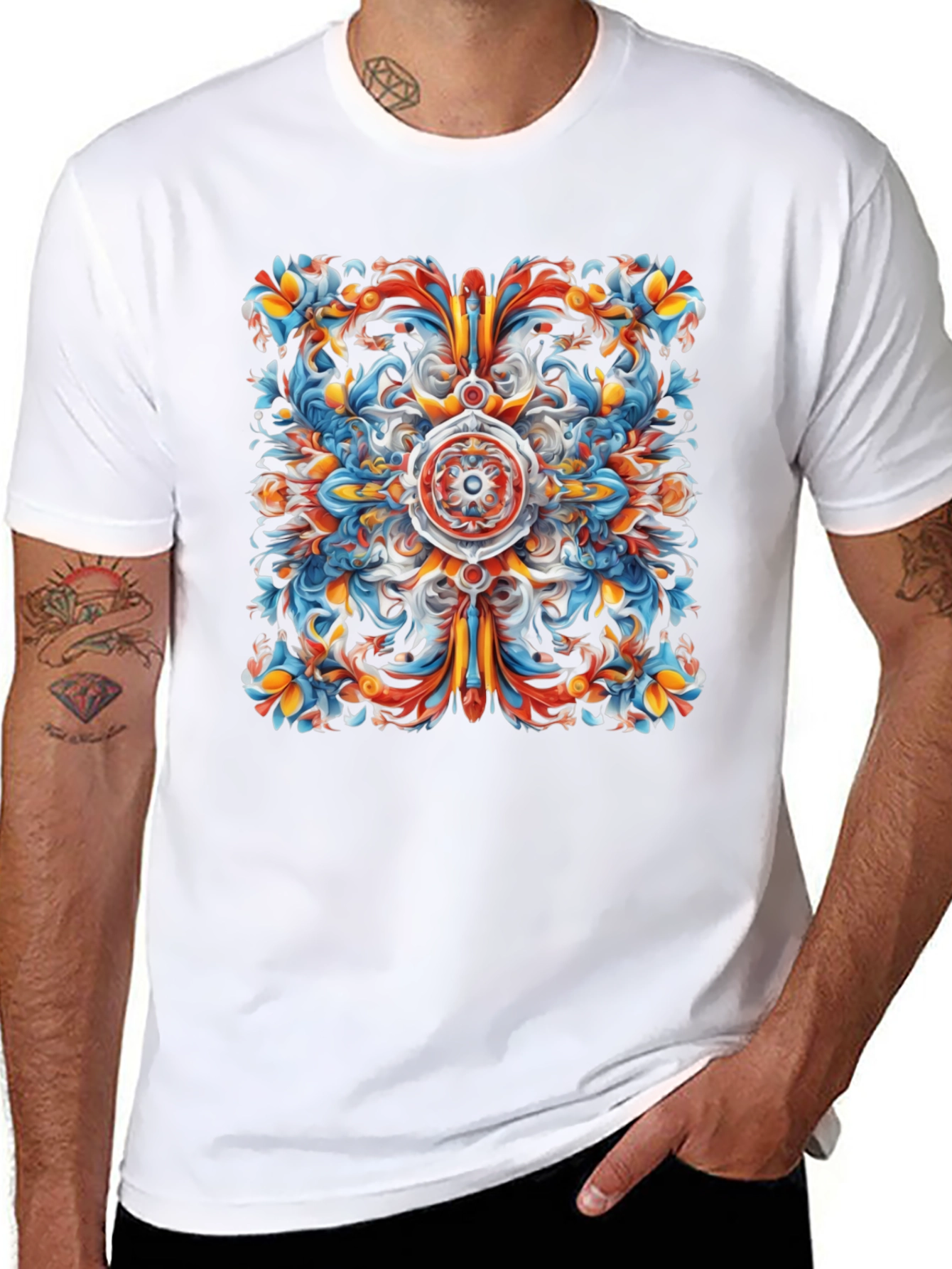 Vibrant Floral Mandala Graphic Print Black T-Shirt
