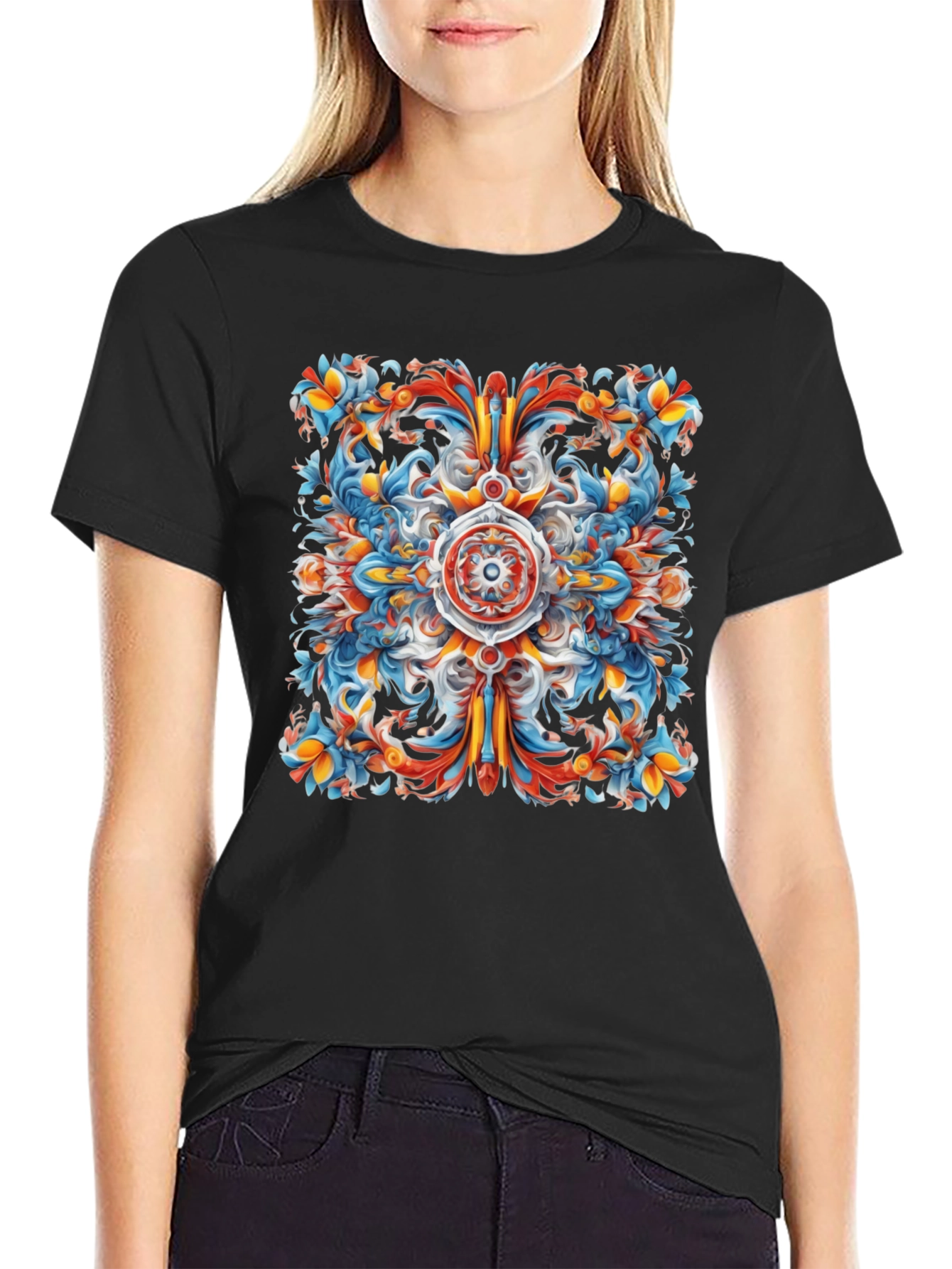 Vibrant Floral Mandala Graphic Print Black T-Shirt