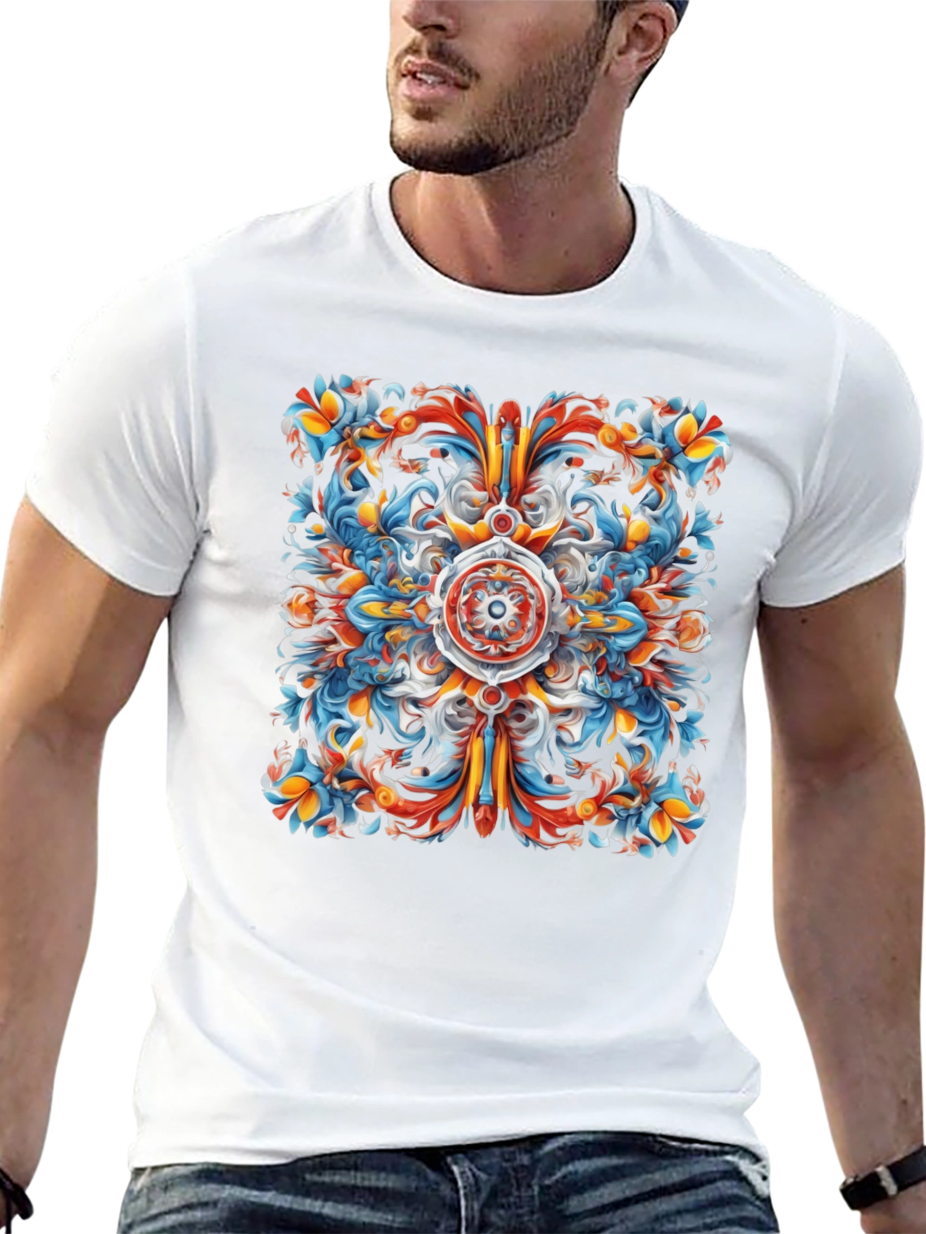 Vibrant Floral Mandala Graphic Print Black T-Shirt