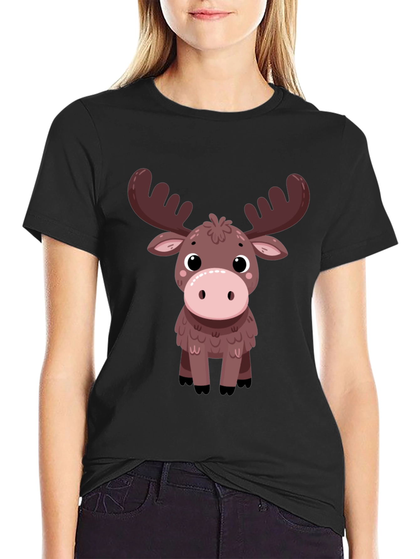 Cute Moose Graphic Tee - Black Cotton T-Shirt
