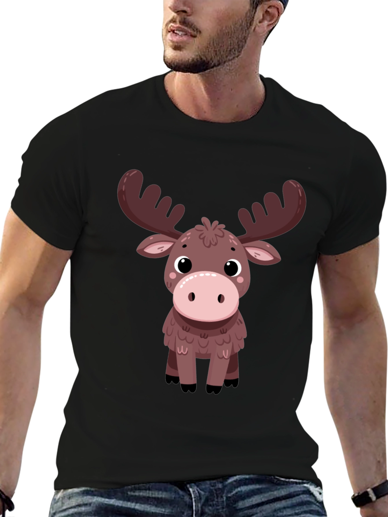 Cute Moose Graphic Tee - Black Cotton T-Shirt