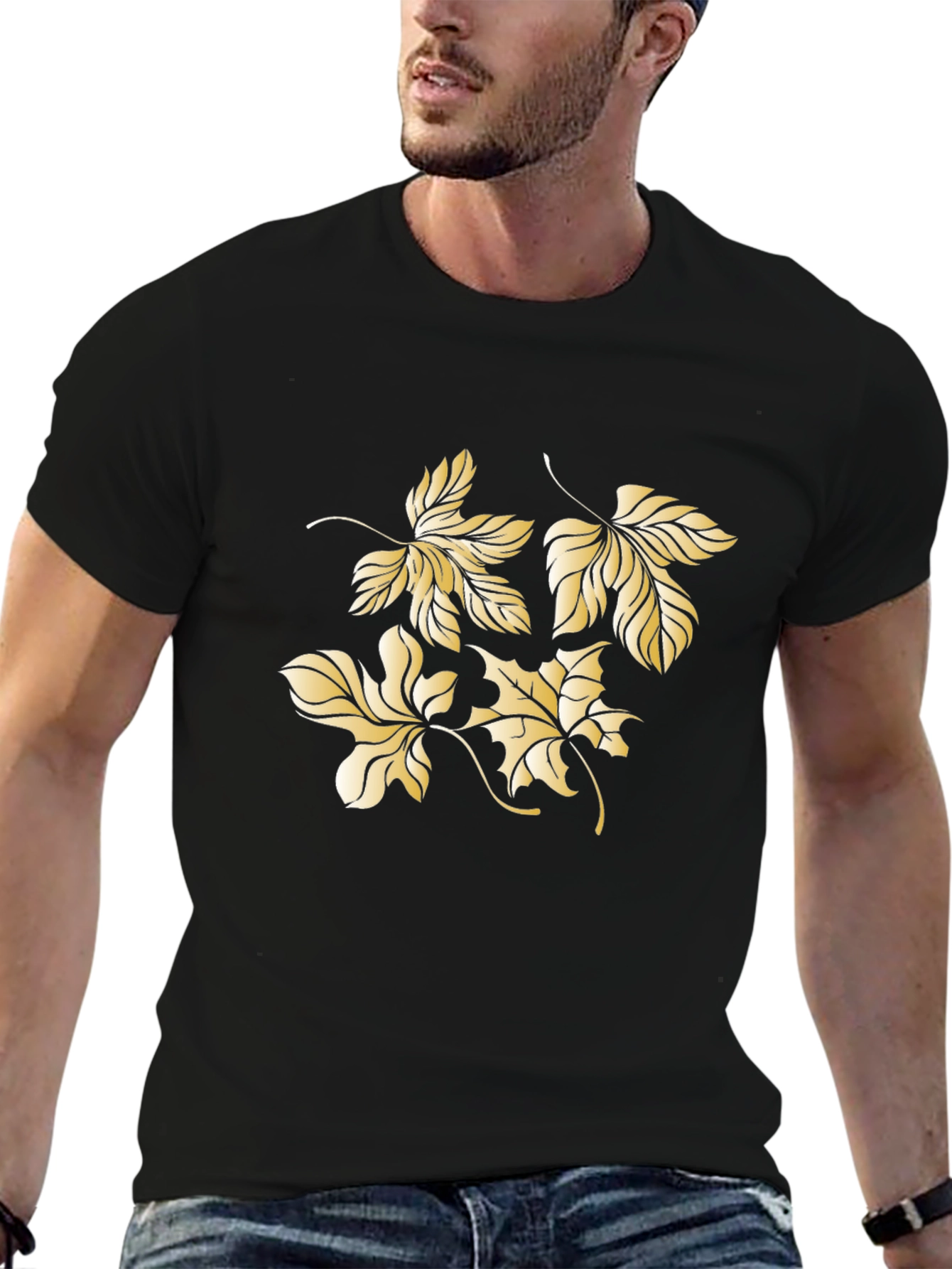 Mens Black Tee with Gold Leaf Design