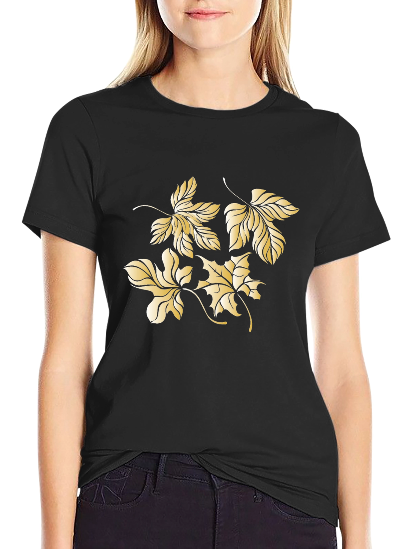 Mens Black Tee with Gold Leaf Design