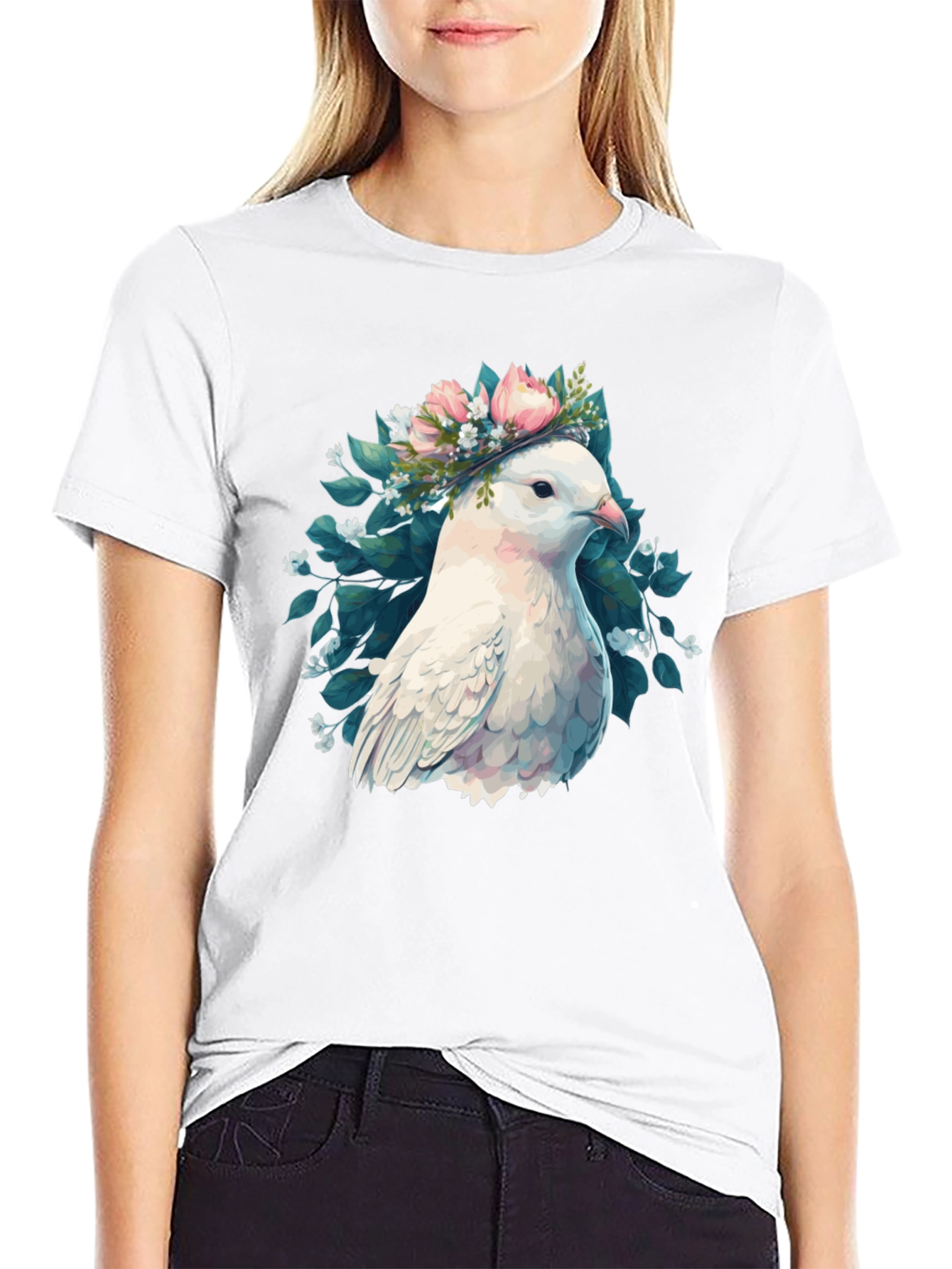 Dove & Floral Wreath Graphic T-Shirt