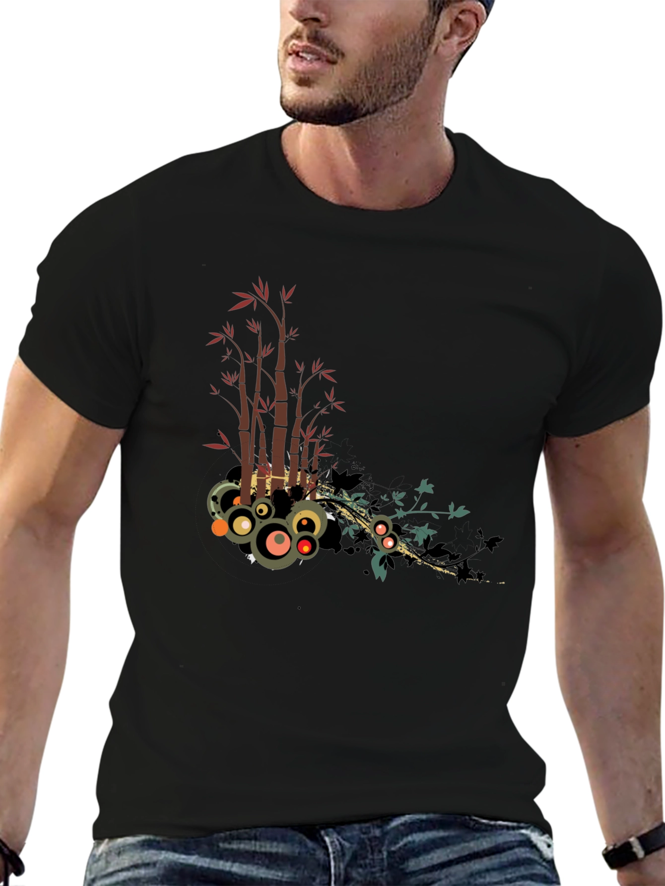 Stylish Black Tee with Bamboo Circle Design