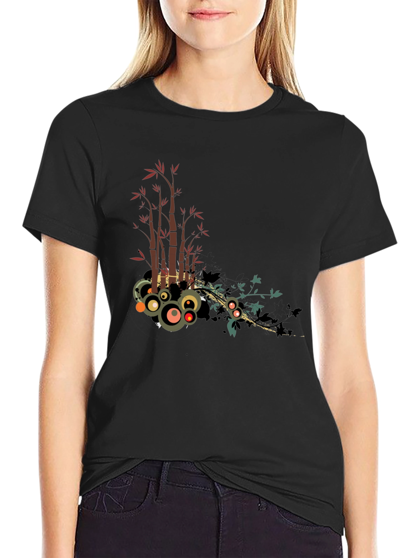 Stylish Black Tee with Bamboo Circle Design