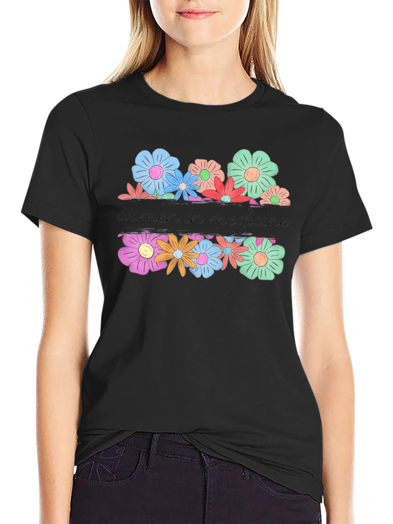 Women in Medicine Floral Graphic Tee - Black