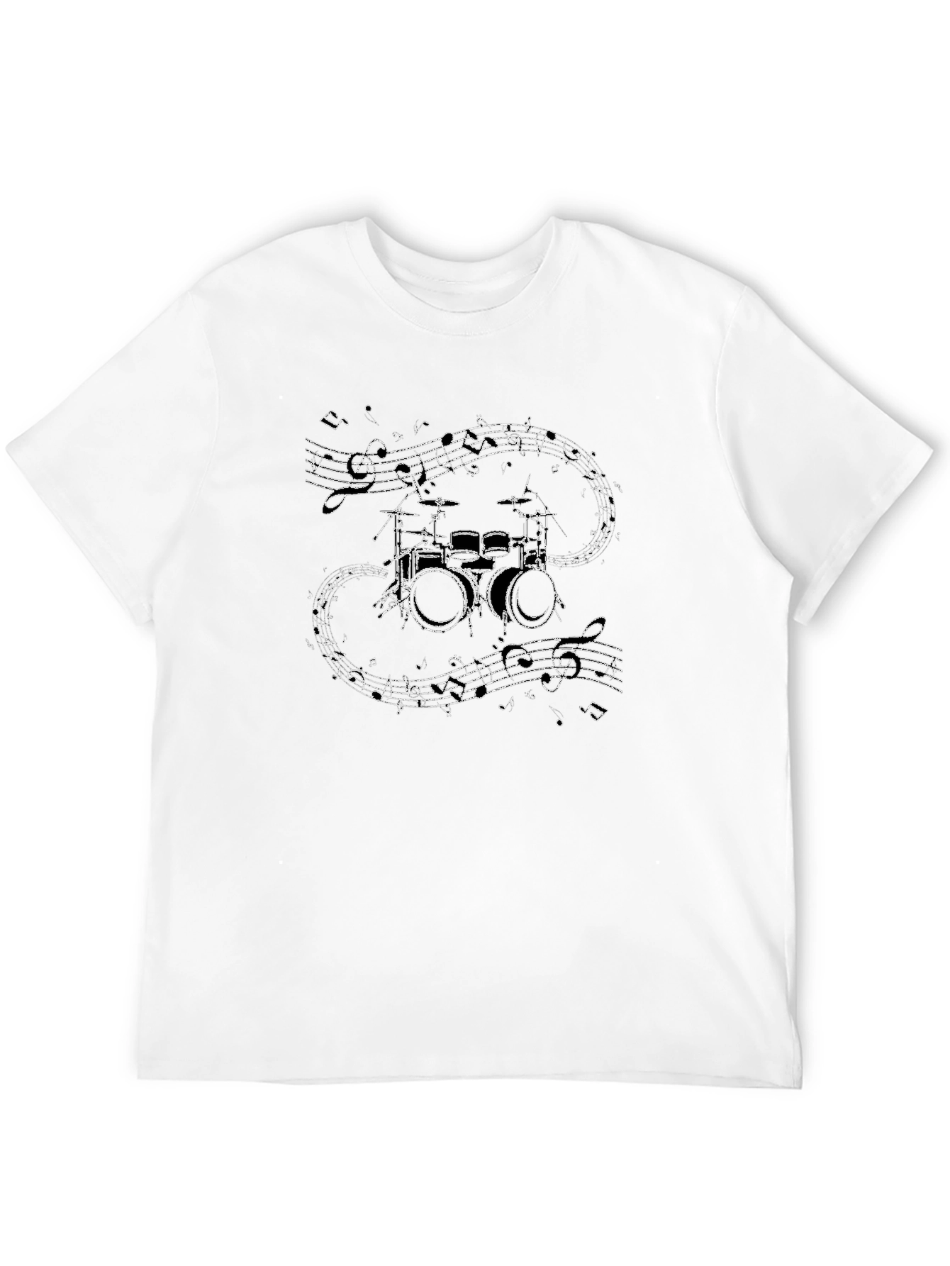 Drum Kit & Musical Notes Graphic Black T-Shirt