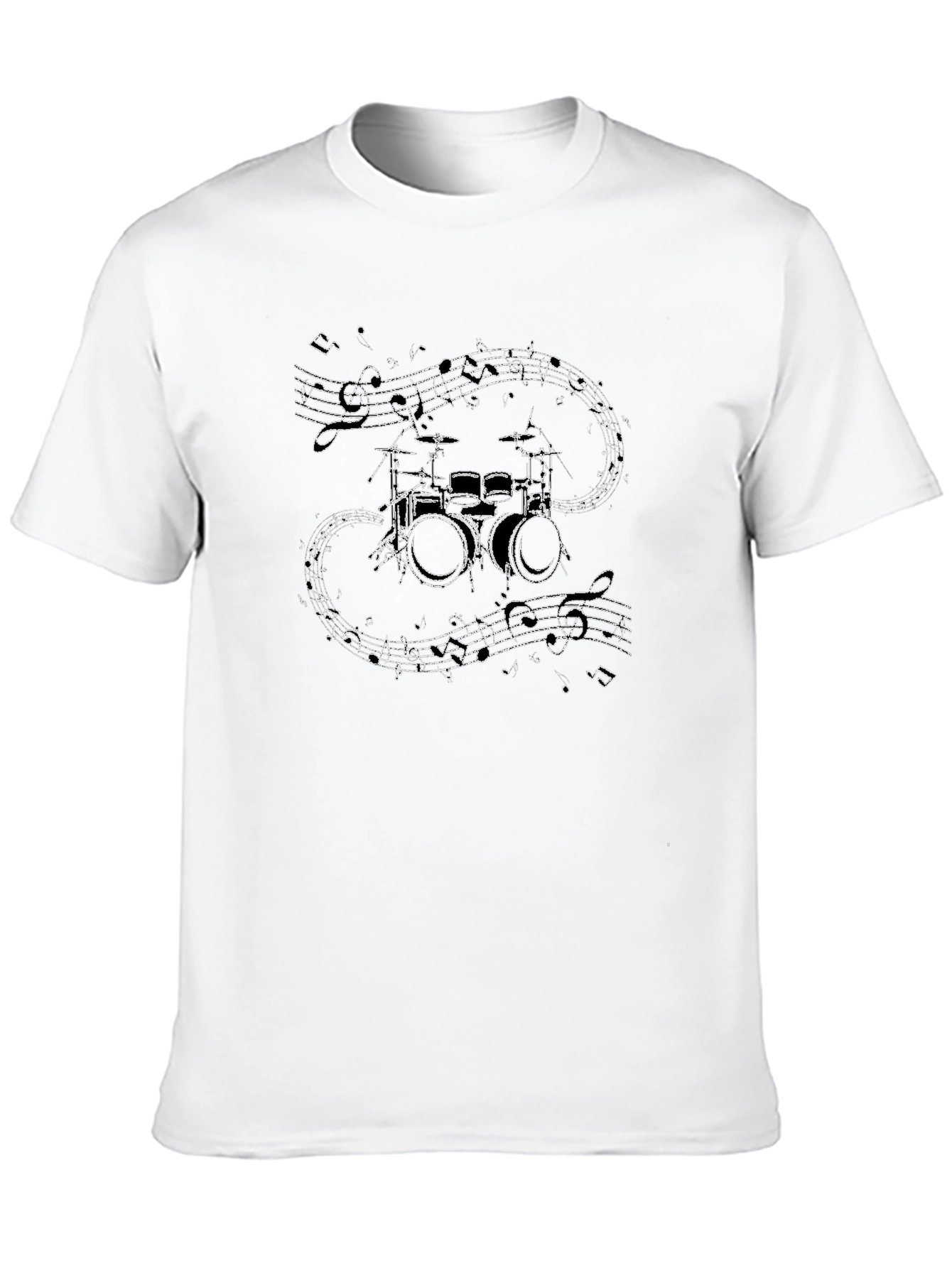Drum Kit & Musical Notes Graphic Black T-Shirt
