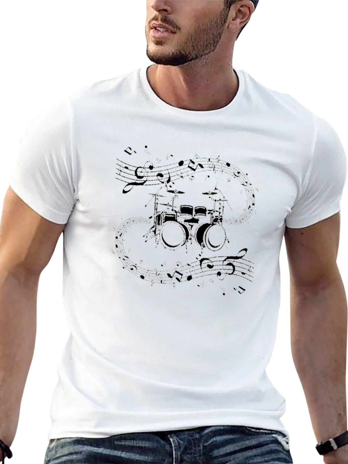 Drum Kit & Musical Notes Graphic Black T-Shirt