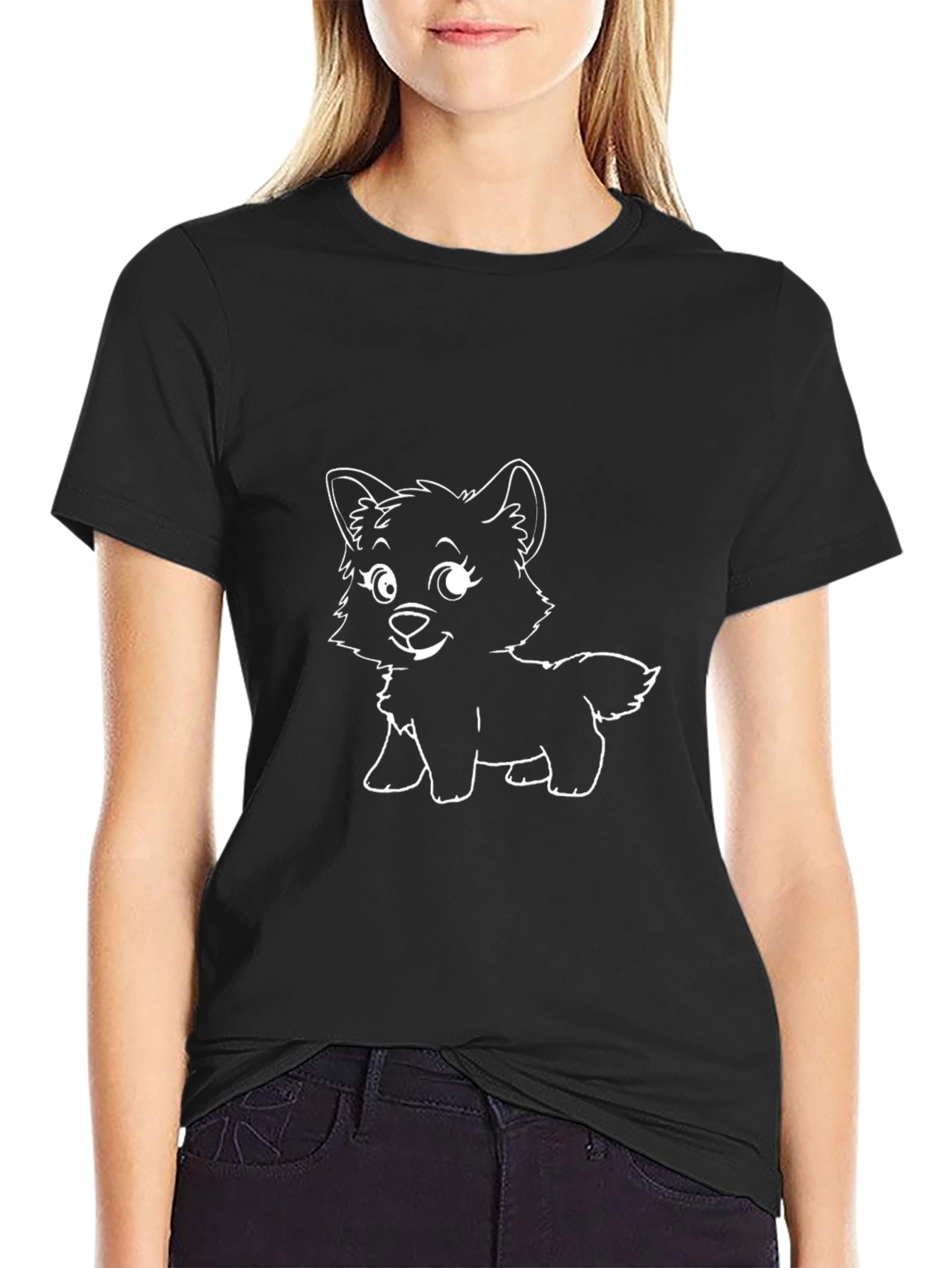 Cute Cartoon Dog Graphic Tee - Black Cotton T-Shirt
