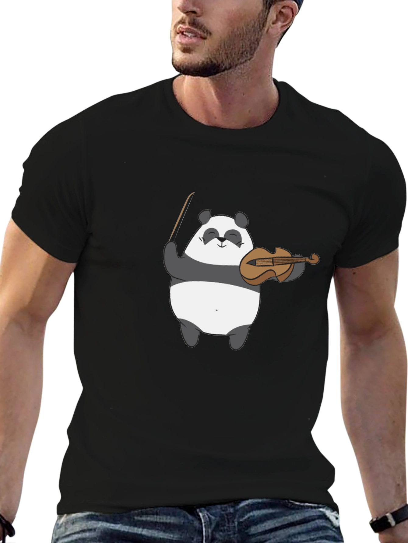 Panda Musician Graphic Tee - Black Cotton T-Shirt