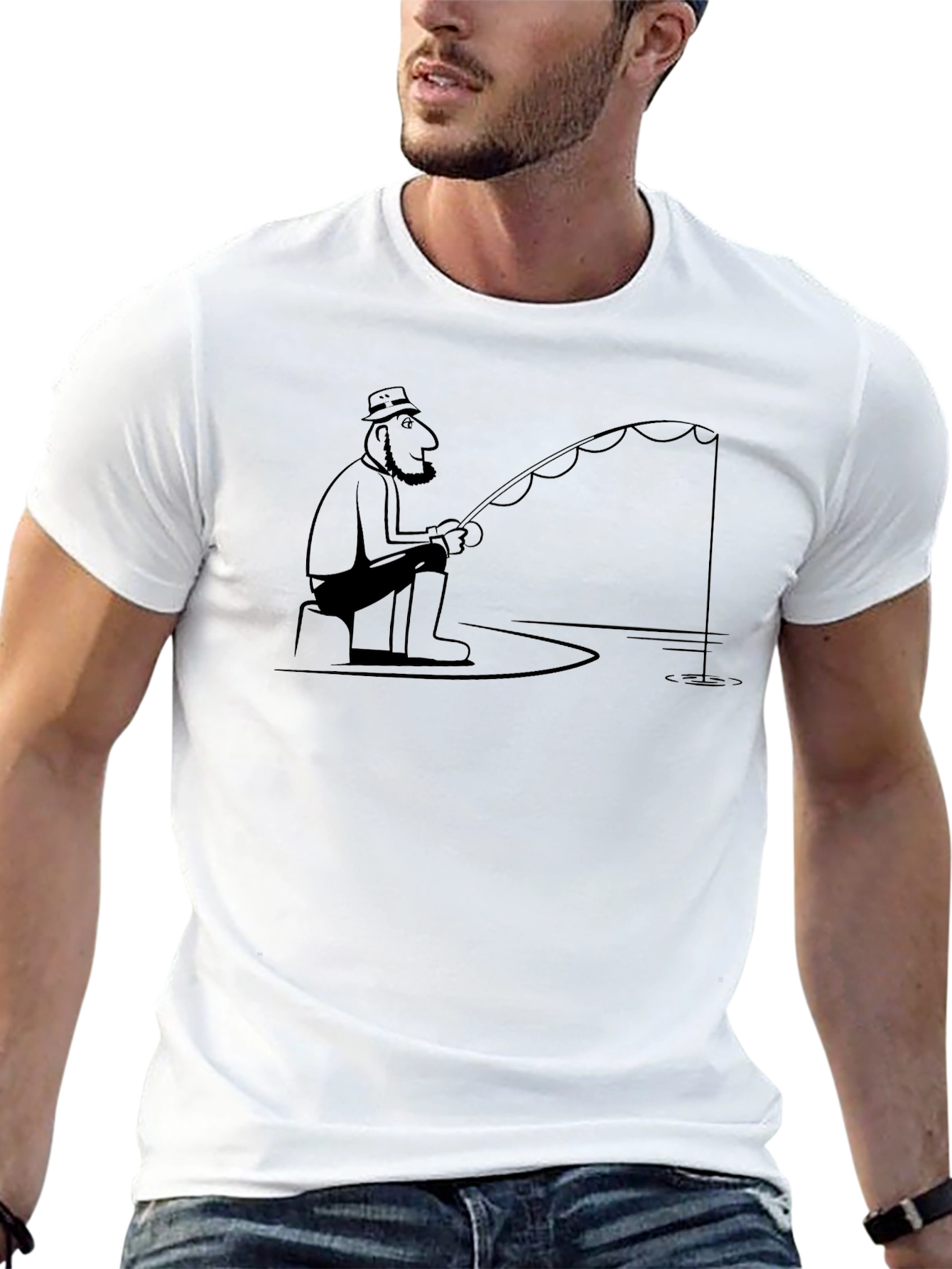 Fisherman Cartoon Black T-Shirt