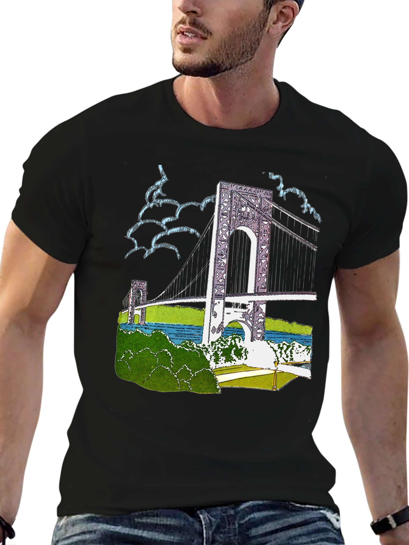 Bridge Print Black Cotton T-Shirt
