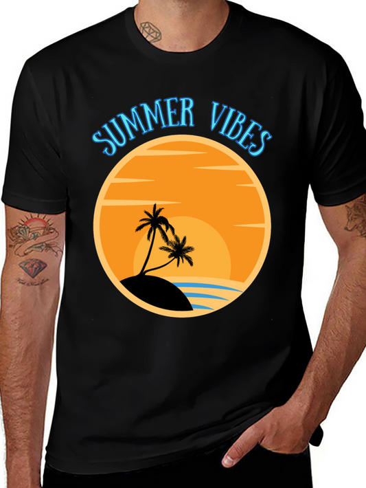 Summer Vibes Graphic Tee - Beach Palm Tree Sunset T-Shirt