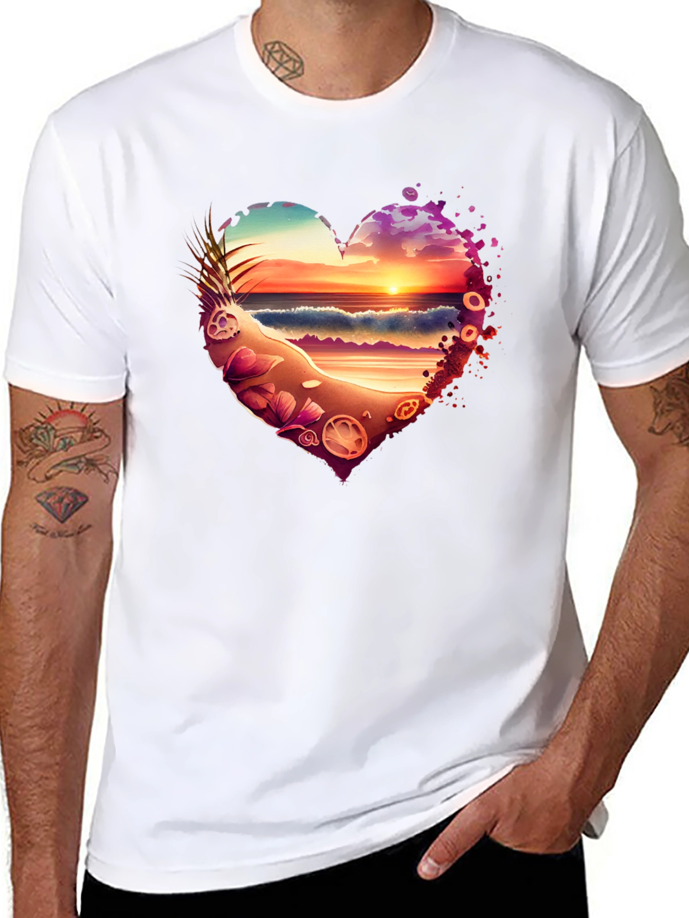Beach Sunset Heart Graphic Black T-Shirt
