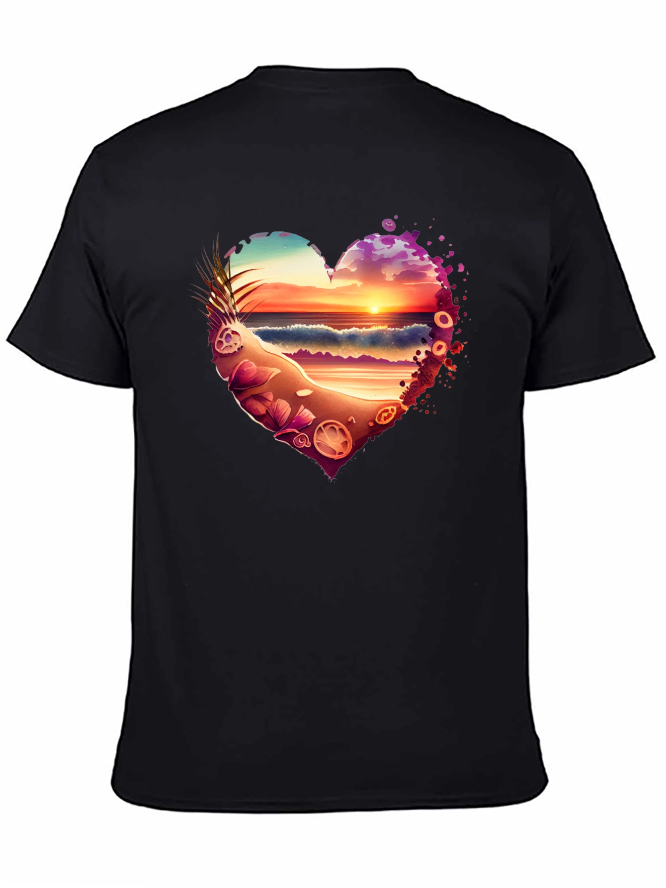 Beach Sunset Heart Graphic Black T-Shirt