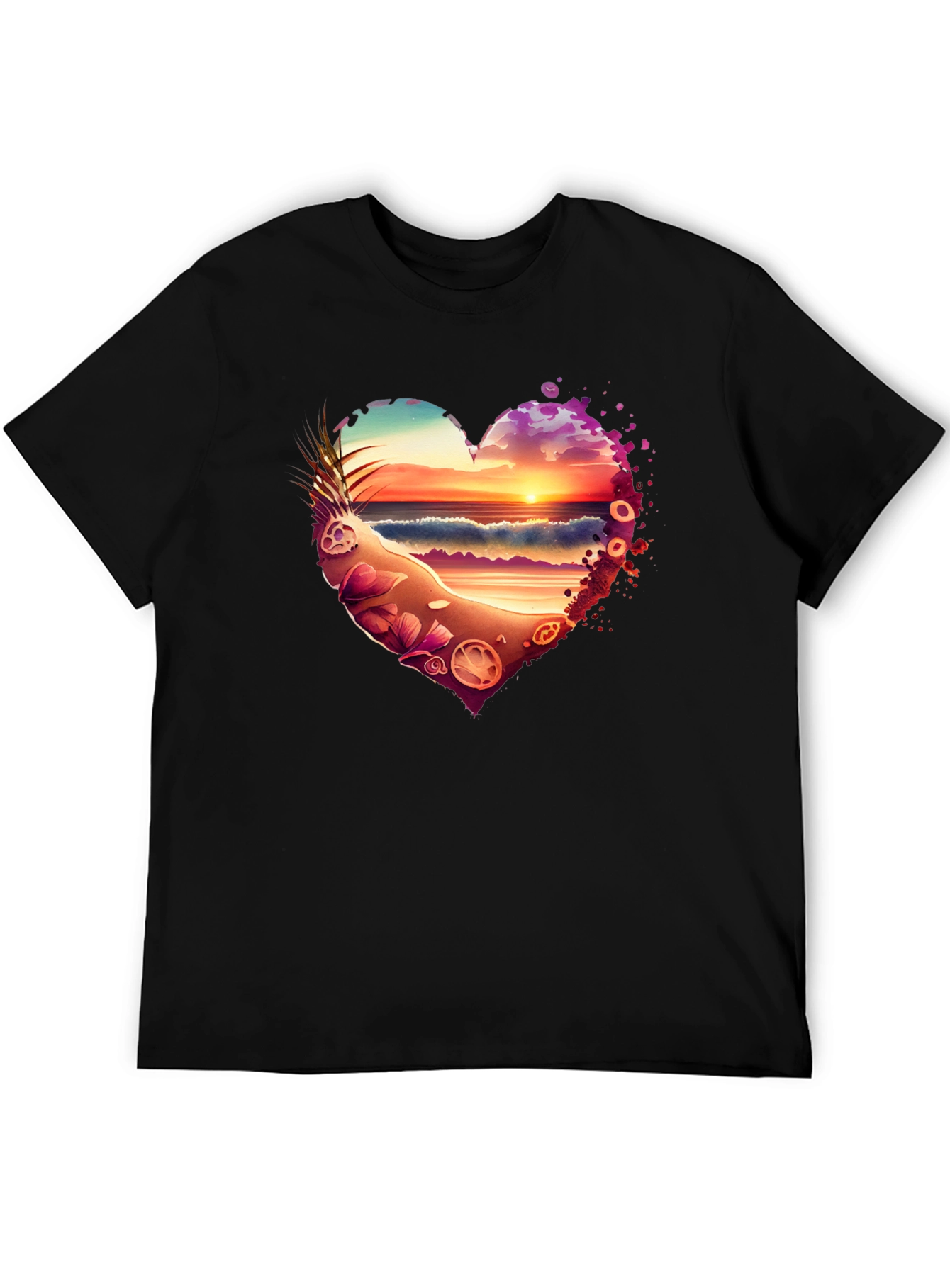 Beach Sunset Heart Graphic Black T-Shirt