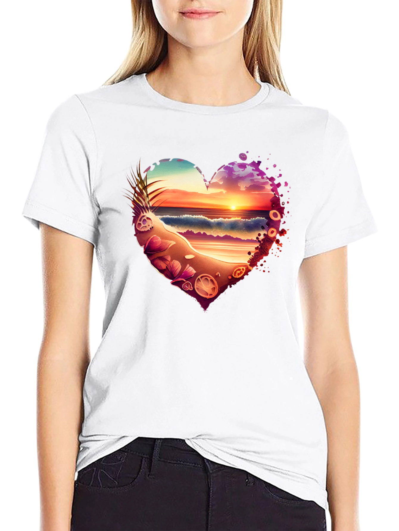 Beach Sunset Heart Graphic Black T-Shirt