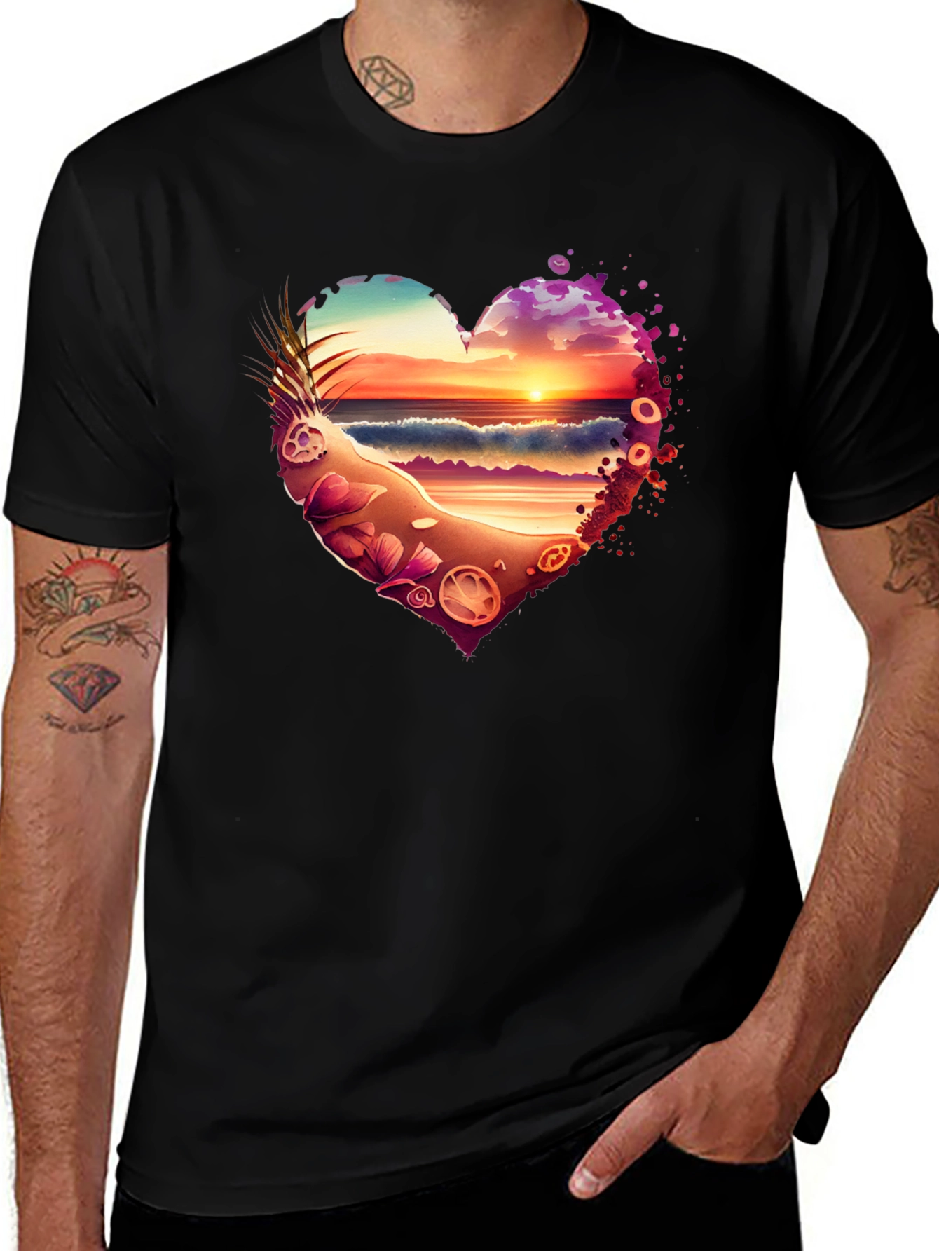 Beach Sunset Heart Graphic Black T-Shirt