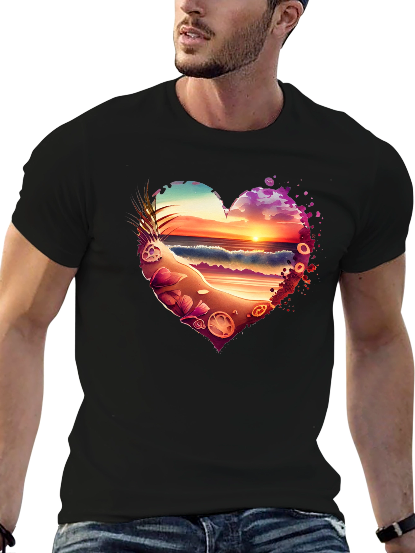 Beach Sunset Heart Graphic Black T-Shirt