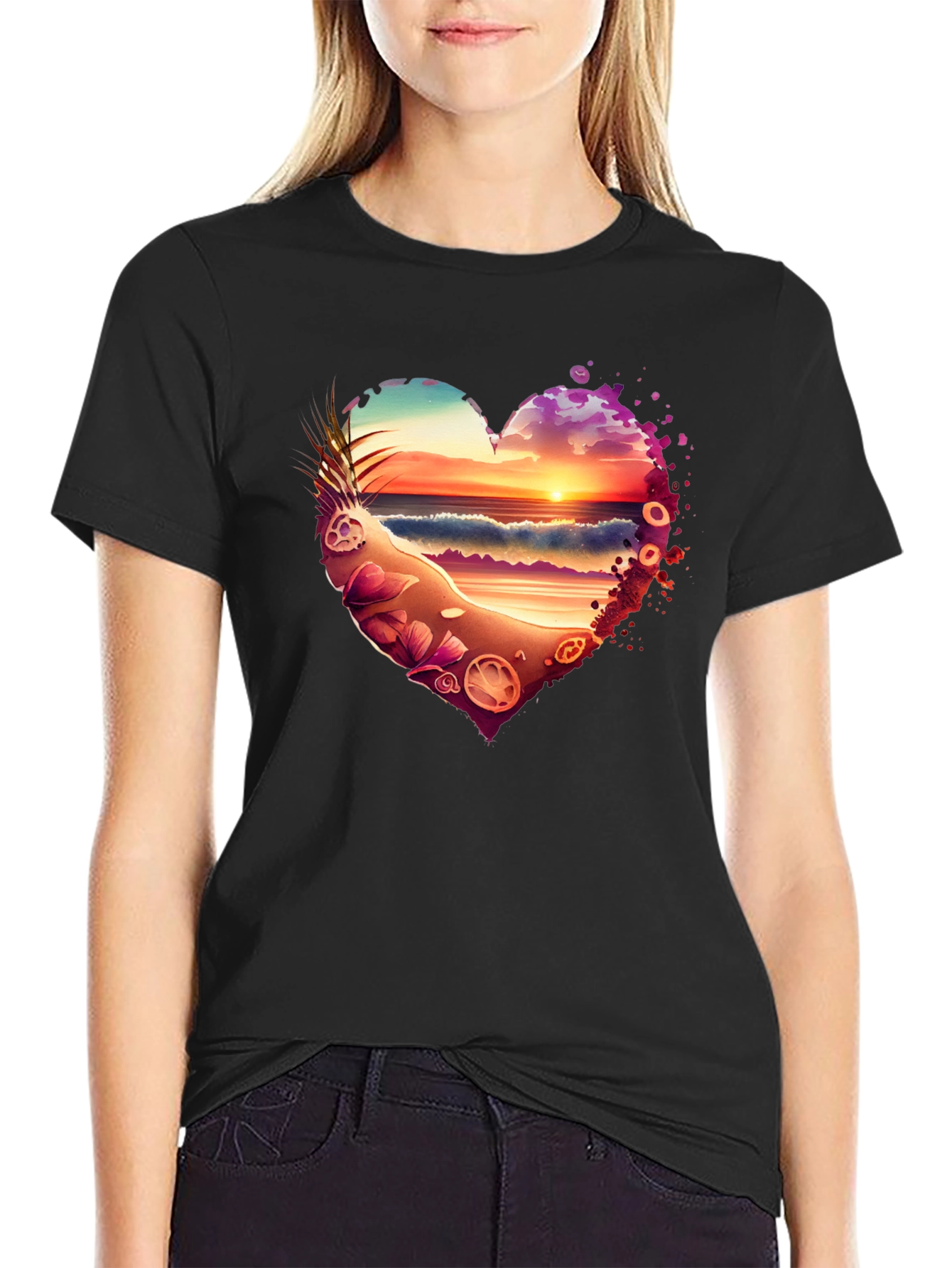 Beach Sunset Heart Graphic Black T-Shirt