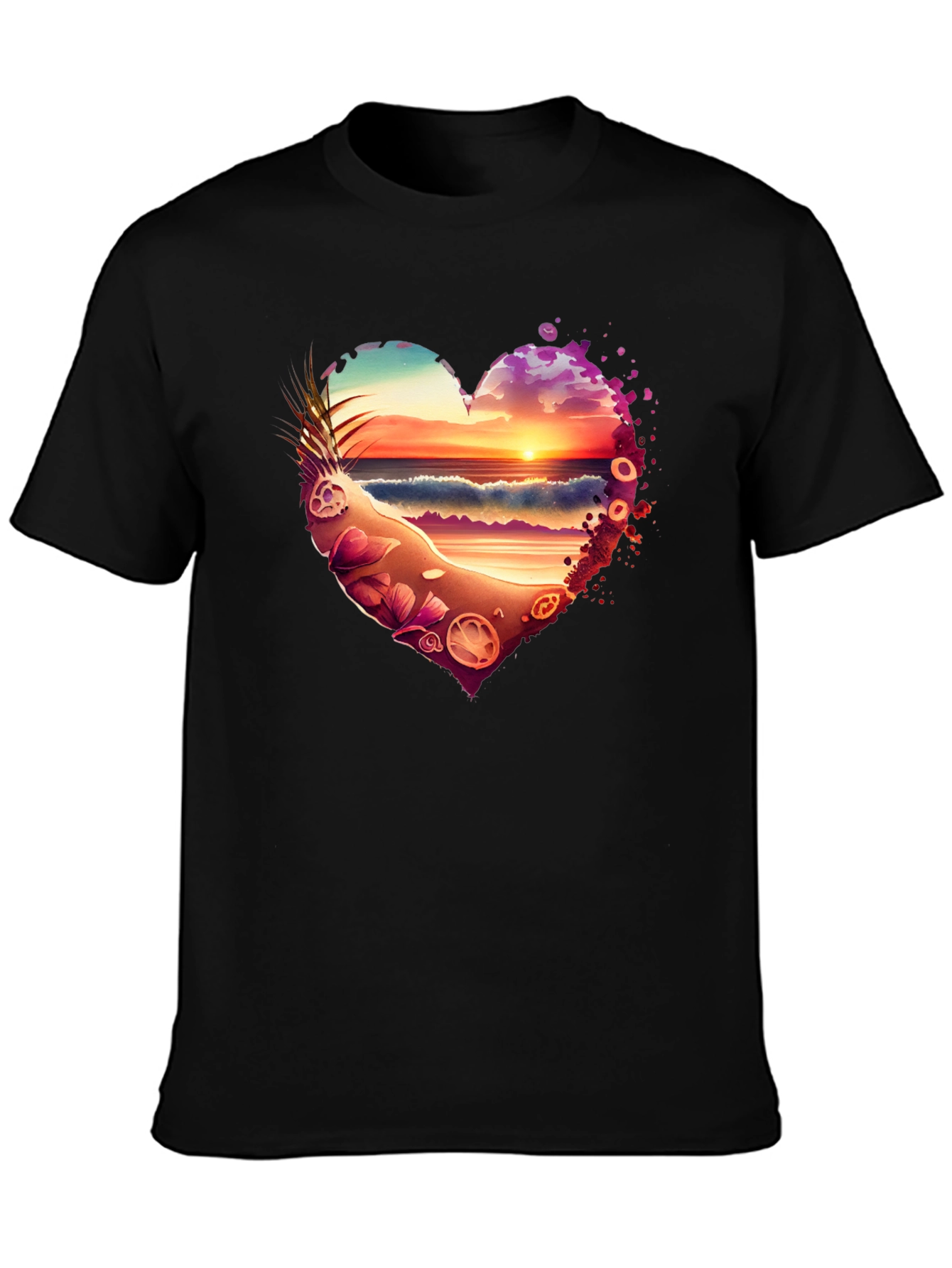 Beach Sunset Heart Graphic Black T-Shirt