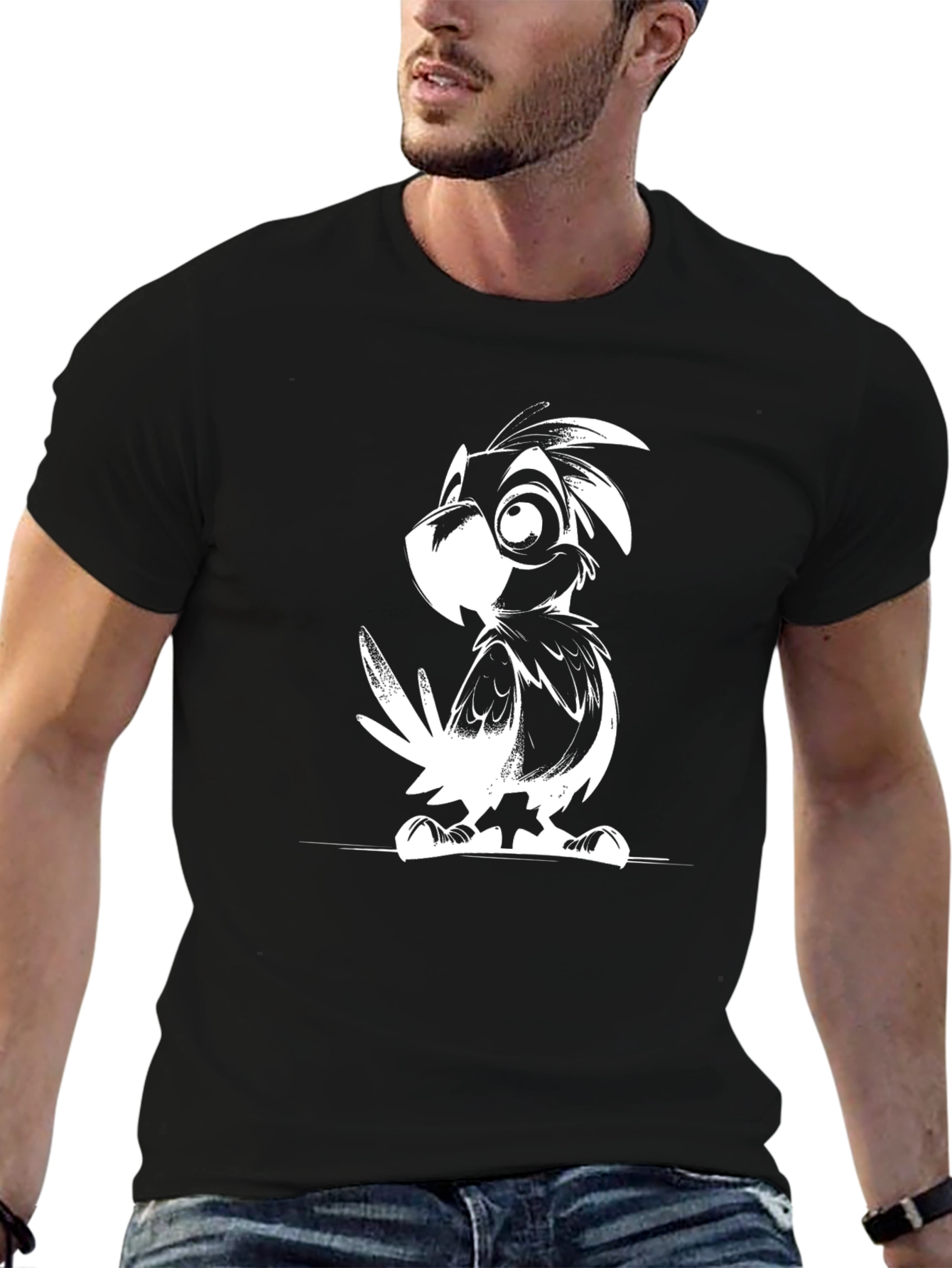 Cartoon Bird Graphic Tee - Black Casual T-Shirt