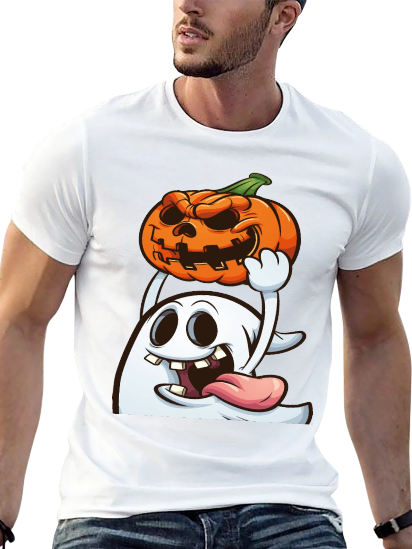 Spooky Ghost & Pumpkin Graphic Tee - Halloween Shirt