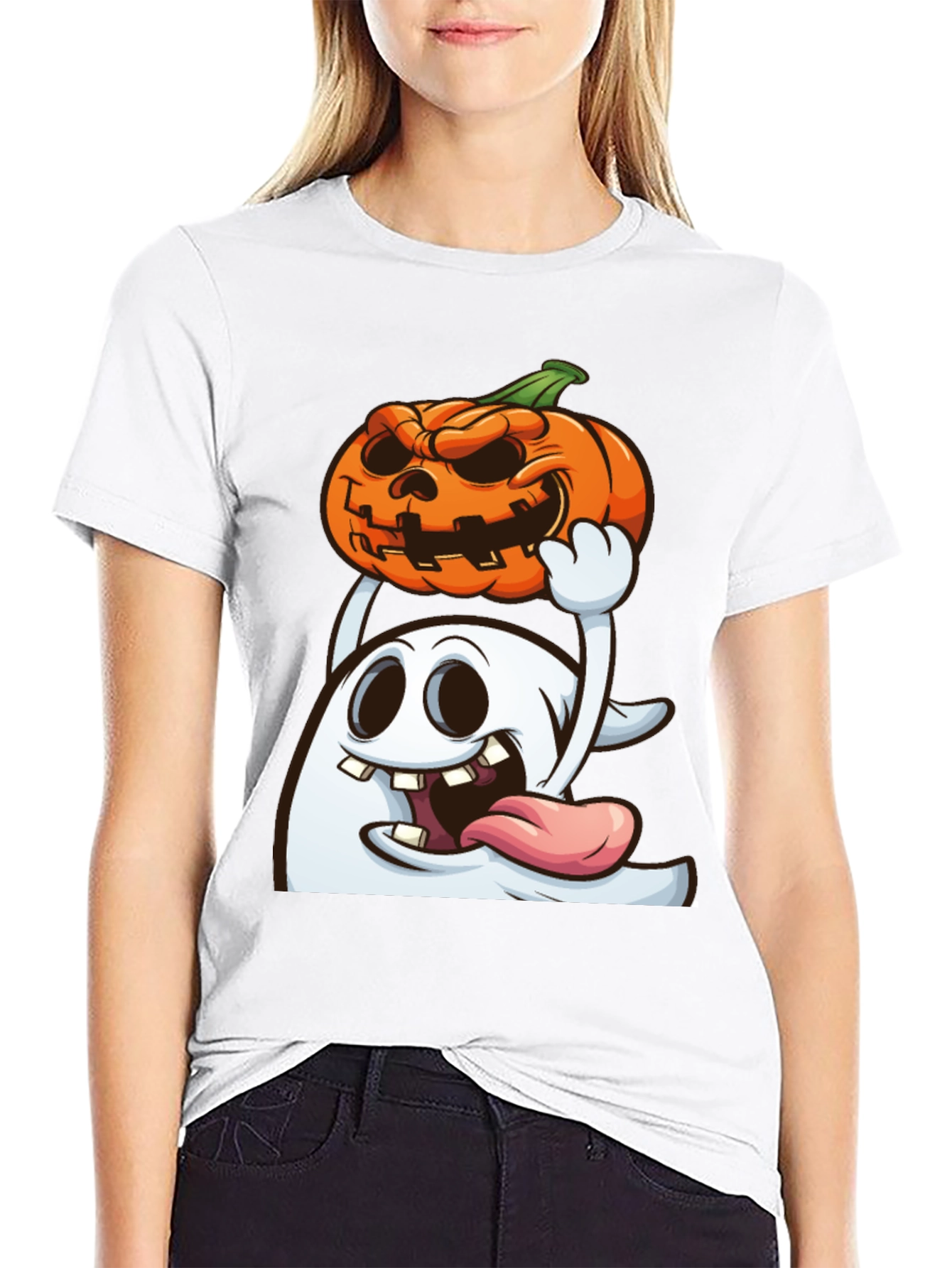 Spooky Ghost & Pumpkin Graphic Tee - Halloween Shirt