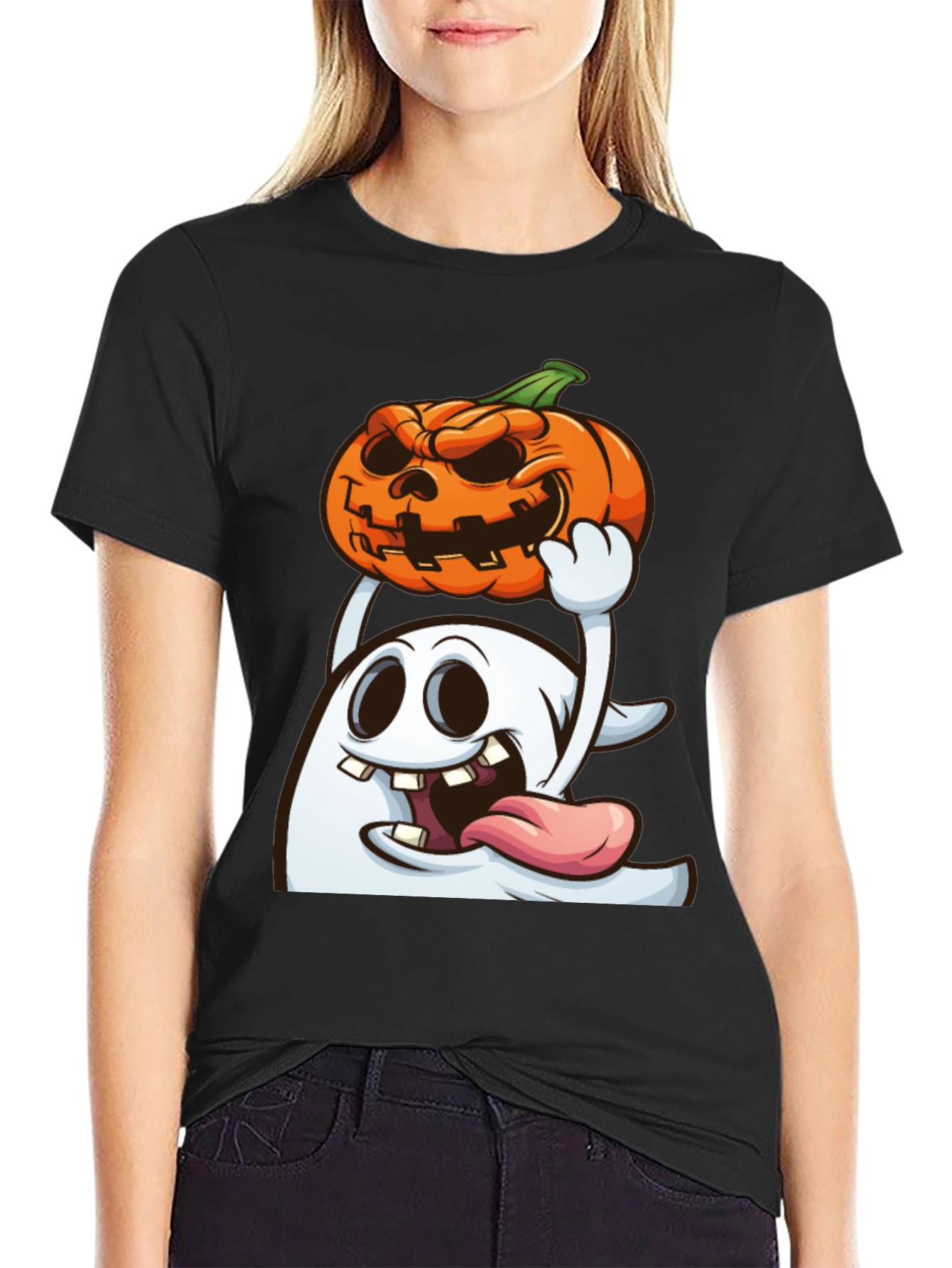 Spooky Ghost & Pumpkin Graphic Tee - Halloween Shirt