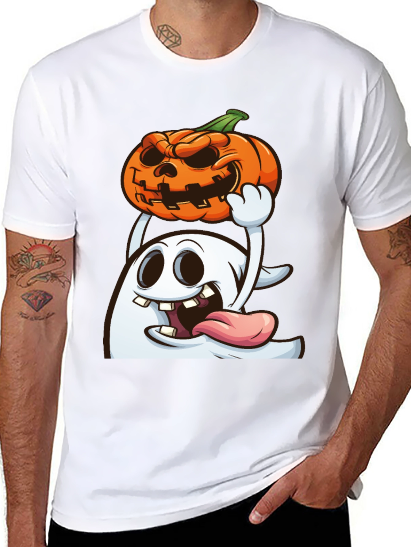 Spooky Ghost & Pumpkin Graphic Tee - Halloween Shirt