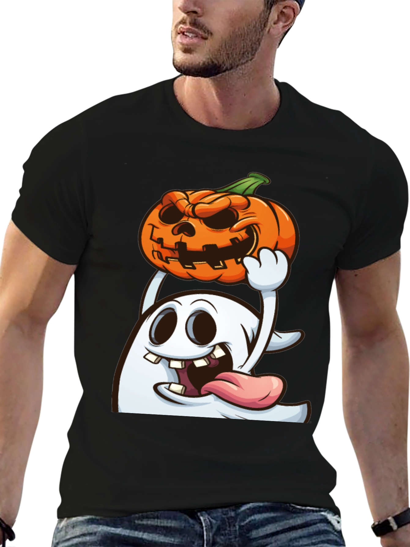 Spooky Ghost & Pumpkin Graphic Tee - Halloween Shirt