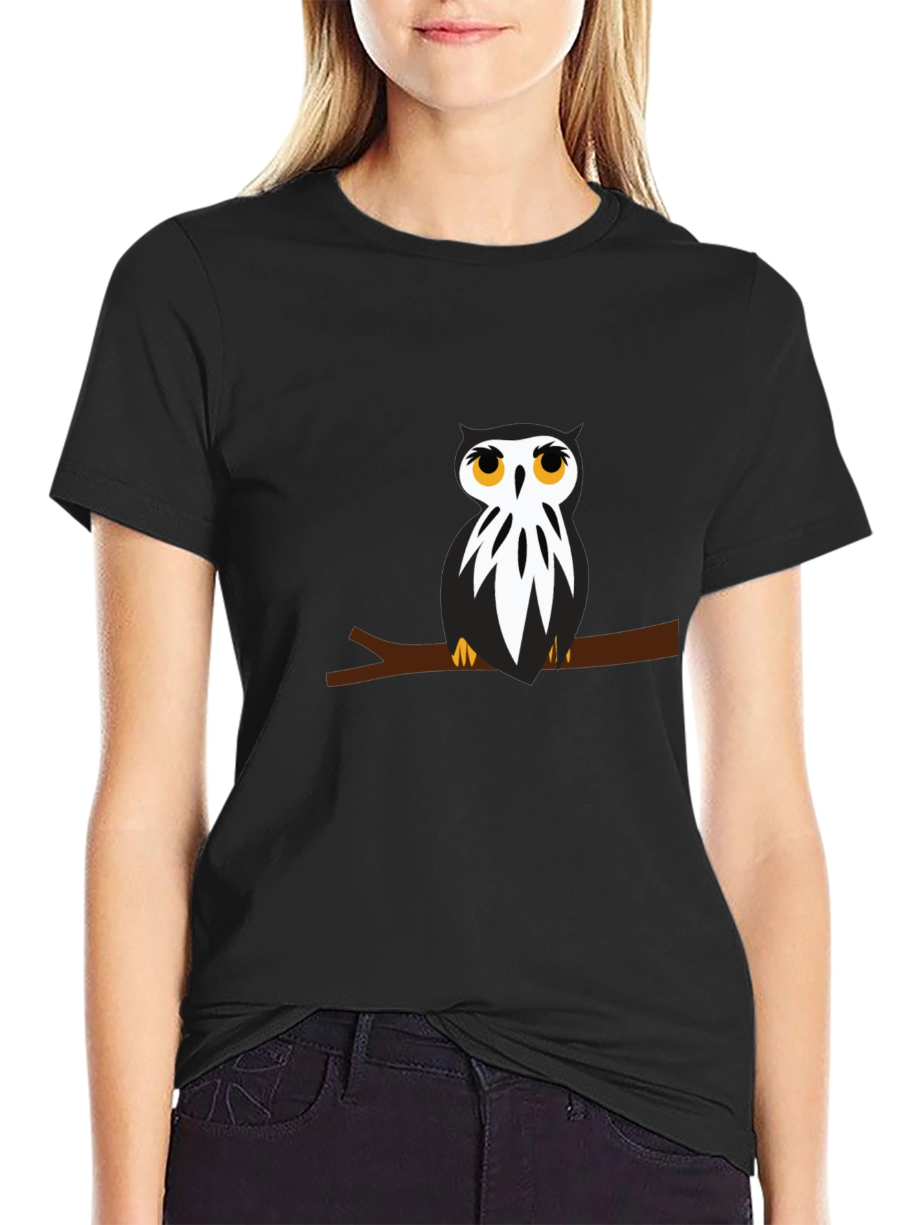 Black T-Shirt with Owl on Branch Graphic