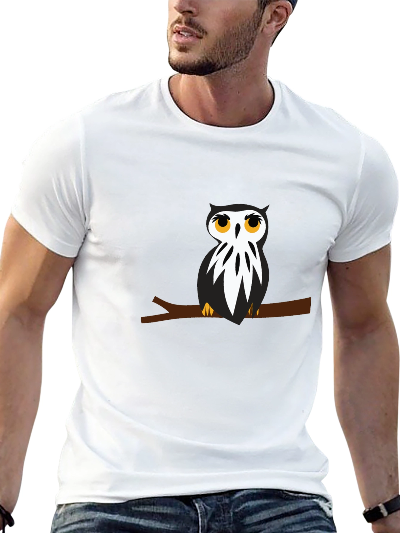 Black T-Shirt with Owl on Branch Graphic
