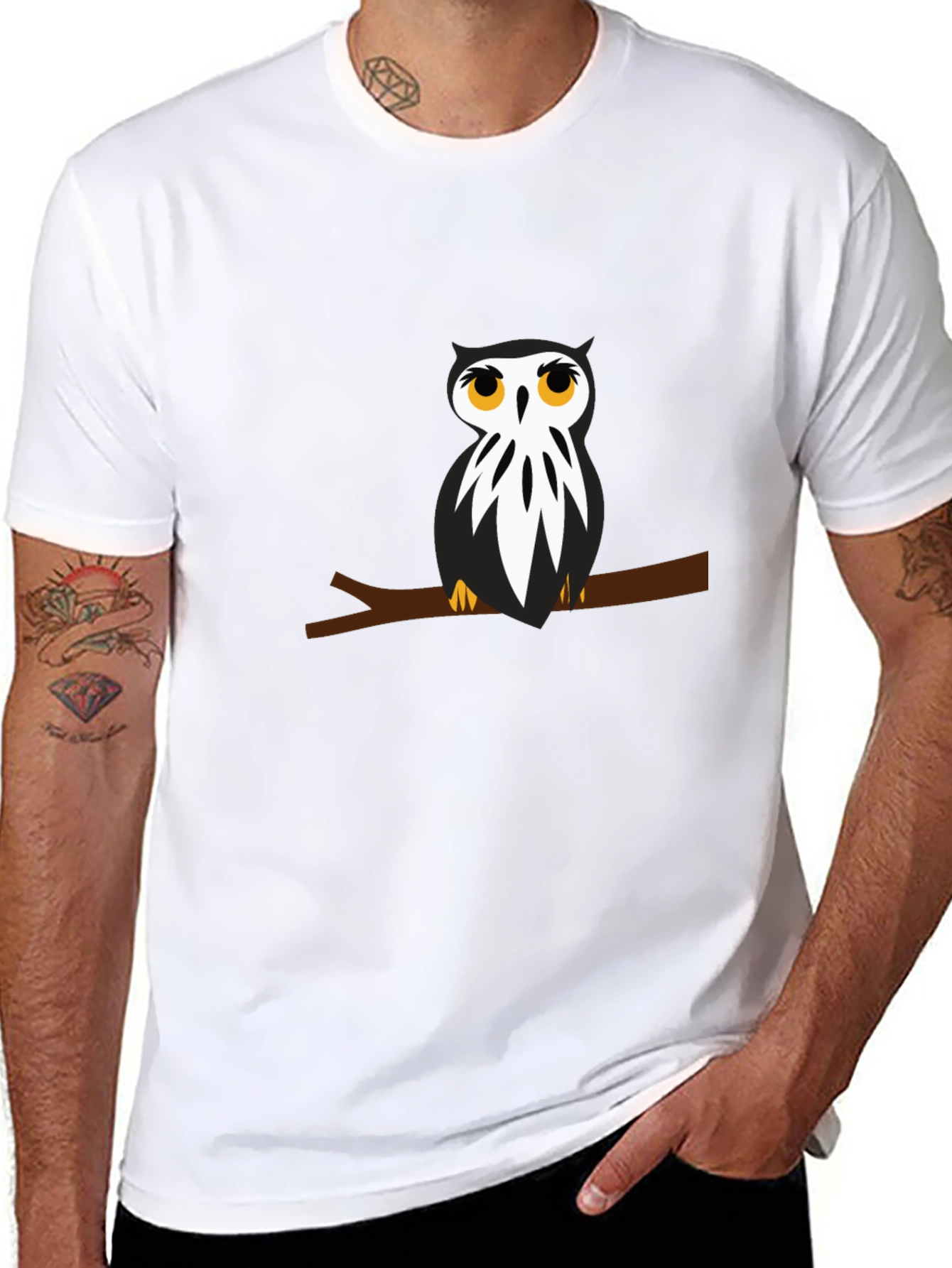 Black T-Shirt with Owl on Branch Graphic
