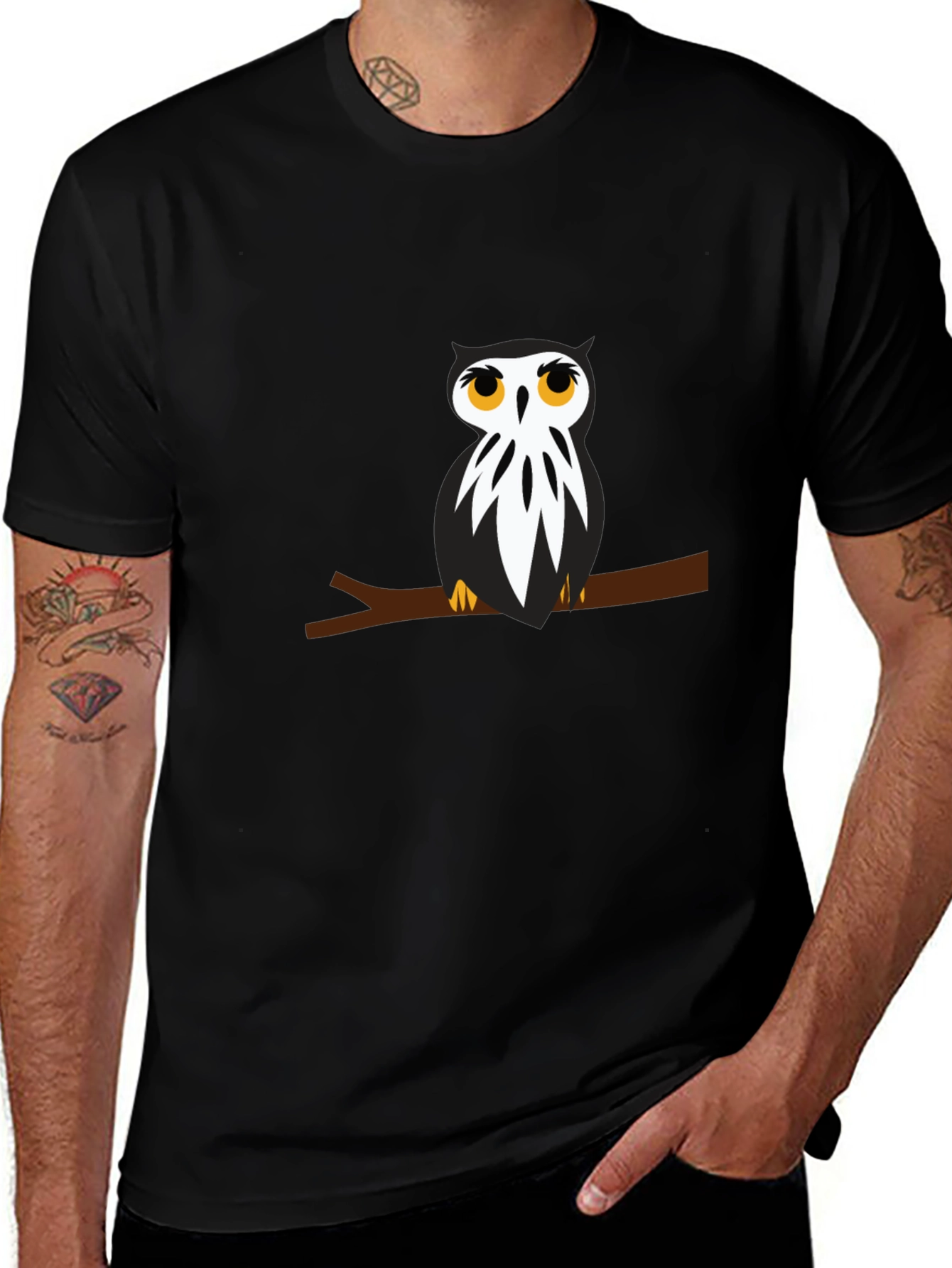 Black T-Shirt with Owl on Branch Graphic