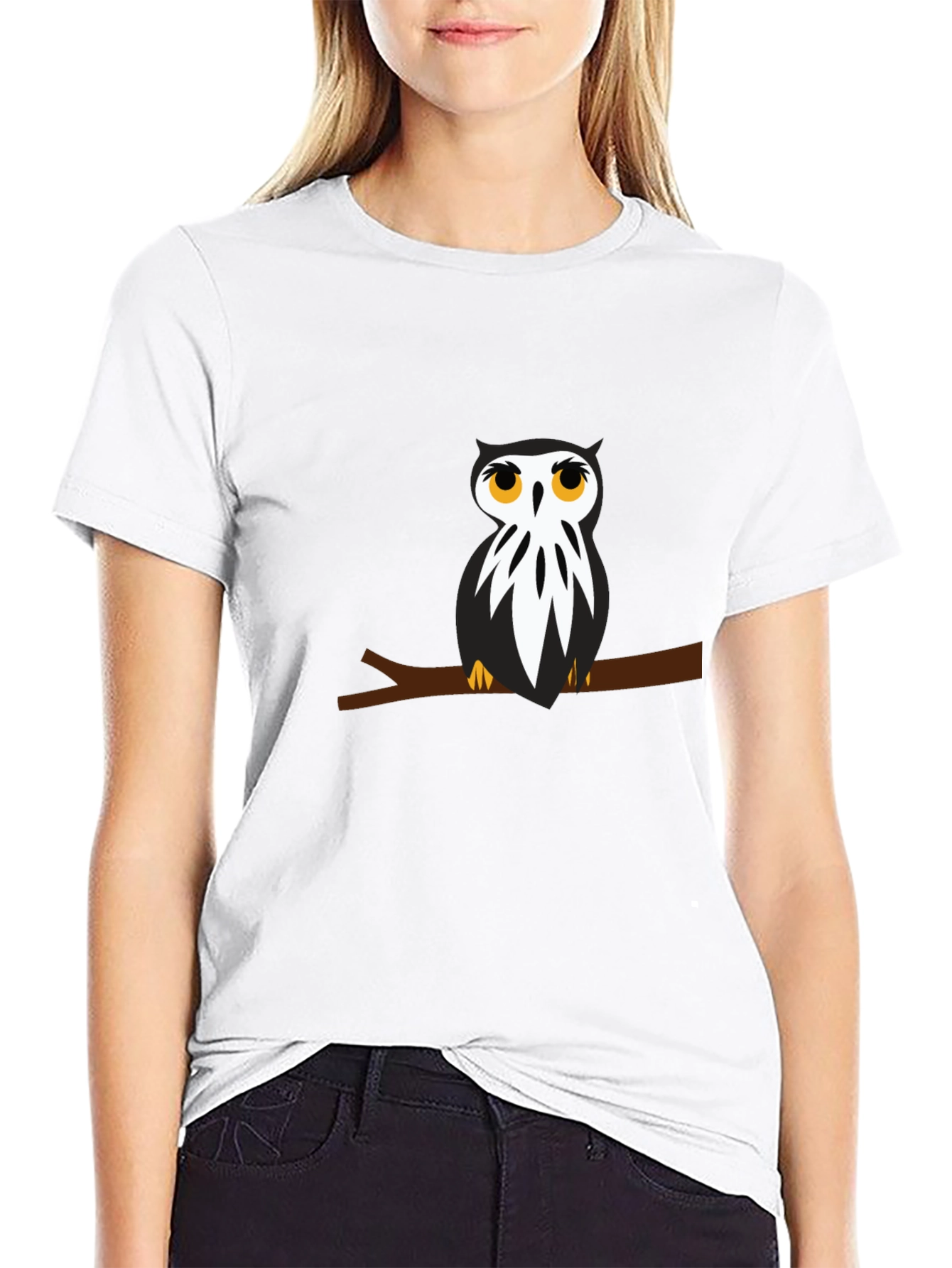 Black T-Shirt with Owl on Branch Graphic
