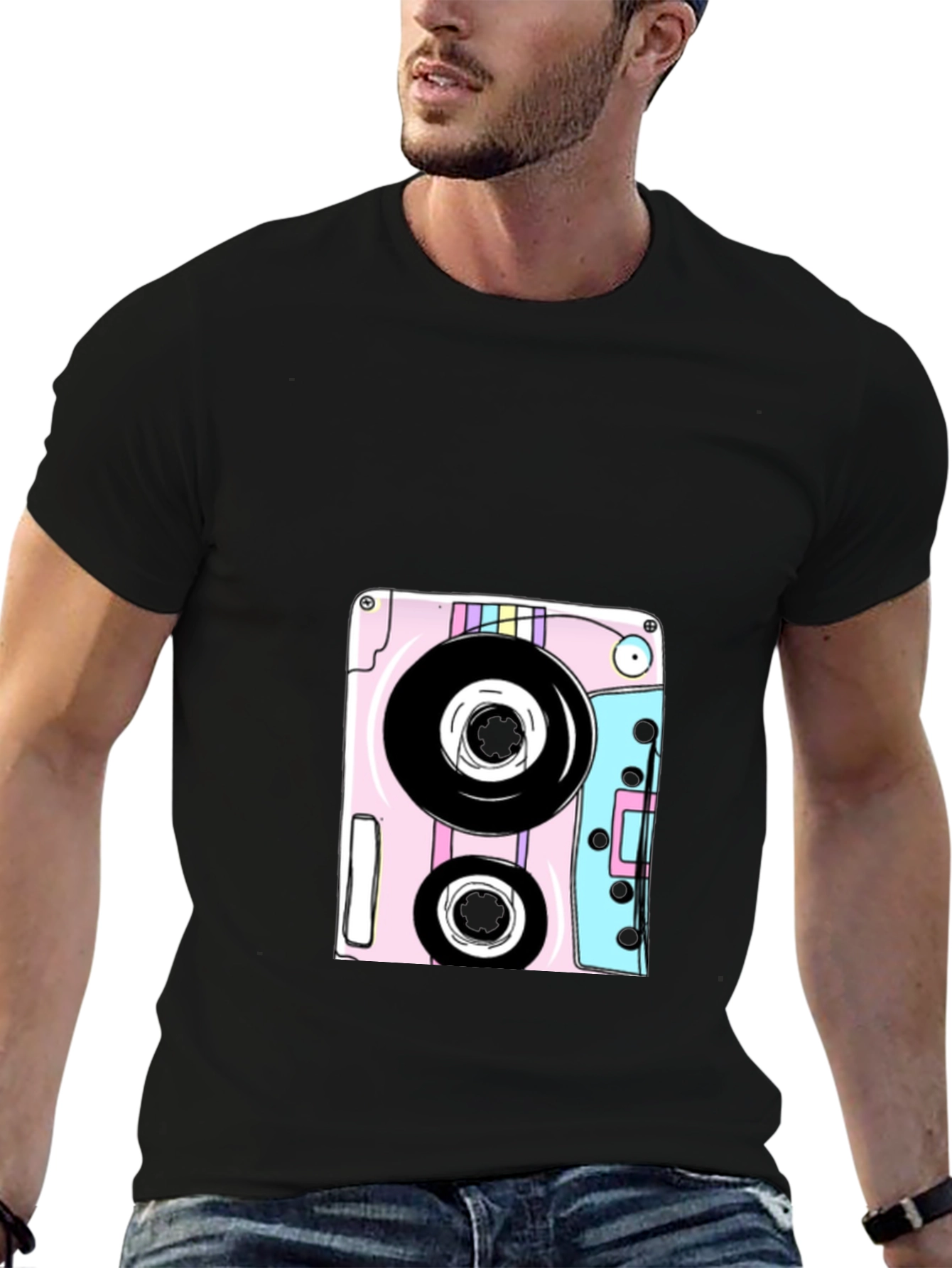 Retro Cassette Tape Graphic Tee - Black Cotton Blend