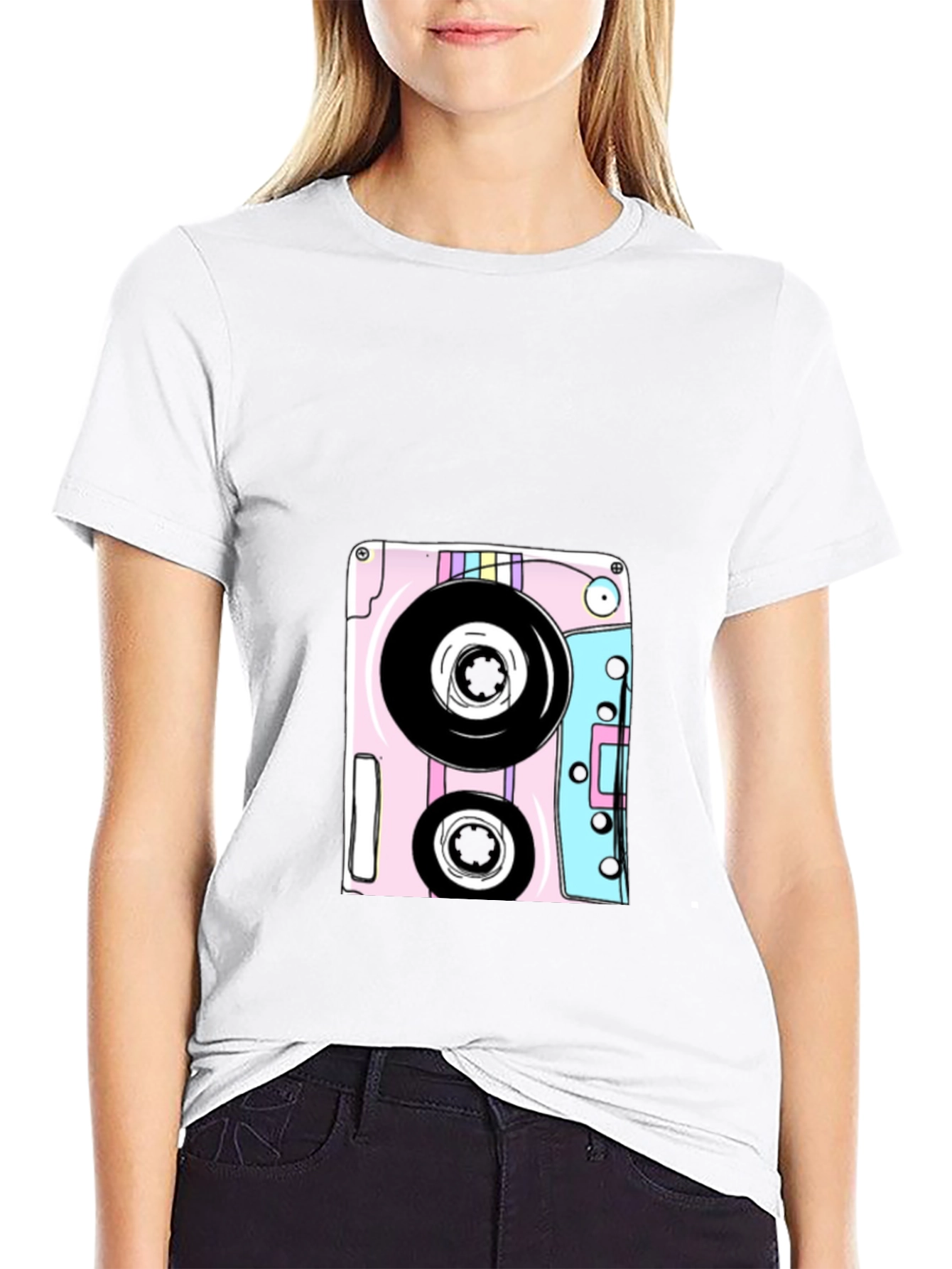 Retro Cassette Tape Graphic Tee - Black Cotton Blend